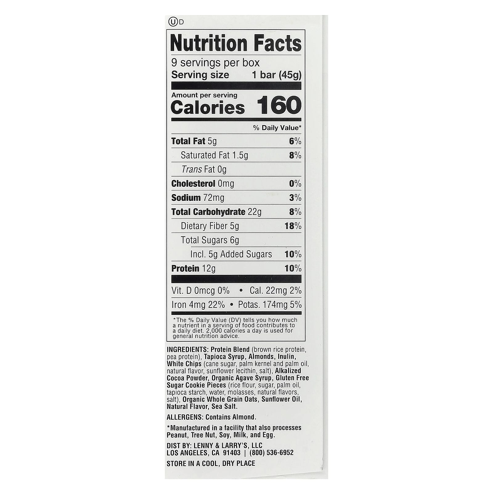Lenny & Larry's, The Complete Cookie-Fied Bar®, Cookies & Cream, 9 Bars, 1.59 oz (45 g) Each