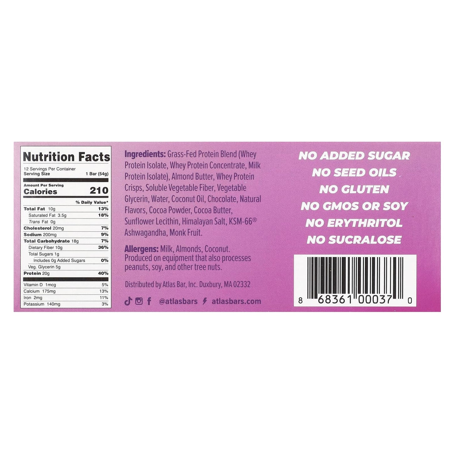 Grass-Fed Whey Protein Bar by Atlas Bar, Dark Chocolate Almond - Image 2