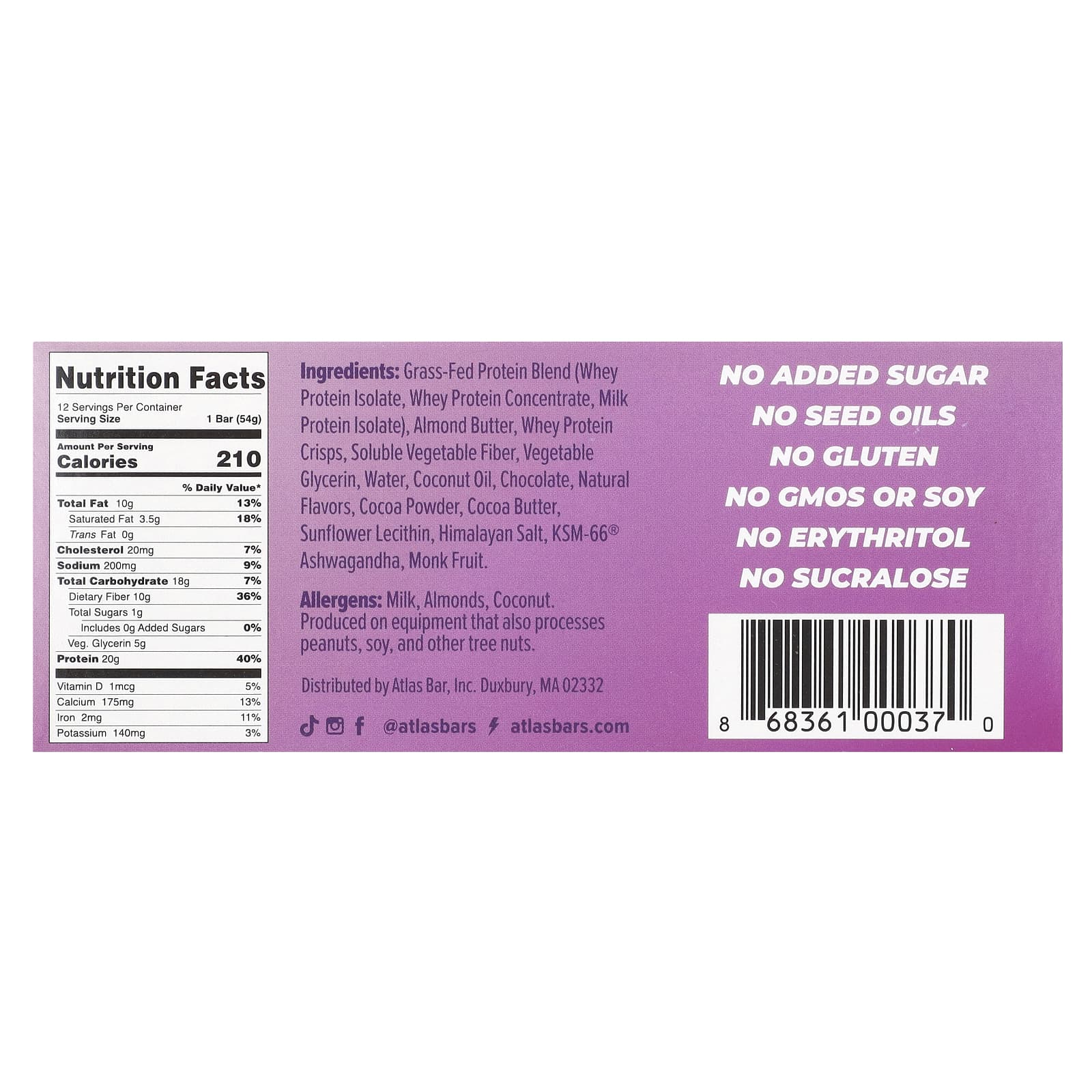 Grass-Fed Whey Protein Bar by Atlas Bar, Dark Chocolate Almond - Image 2