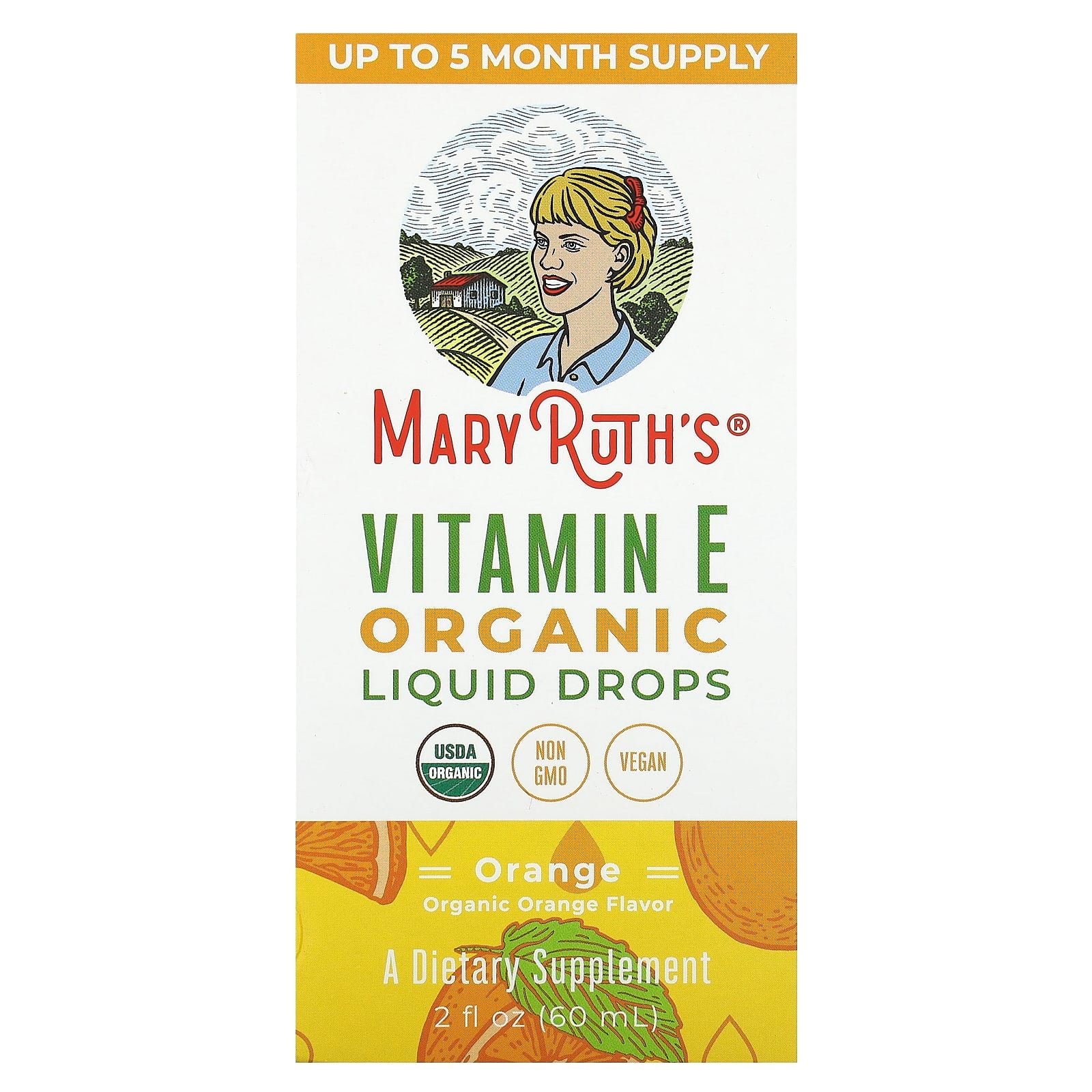 MaryRuth's, Organic Vitamin E Liquid Drops, Orange, 6.4 mg, 2 fl oz (60 ml) - Image 1