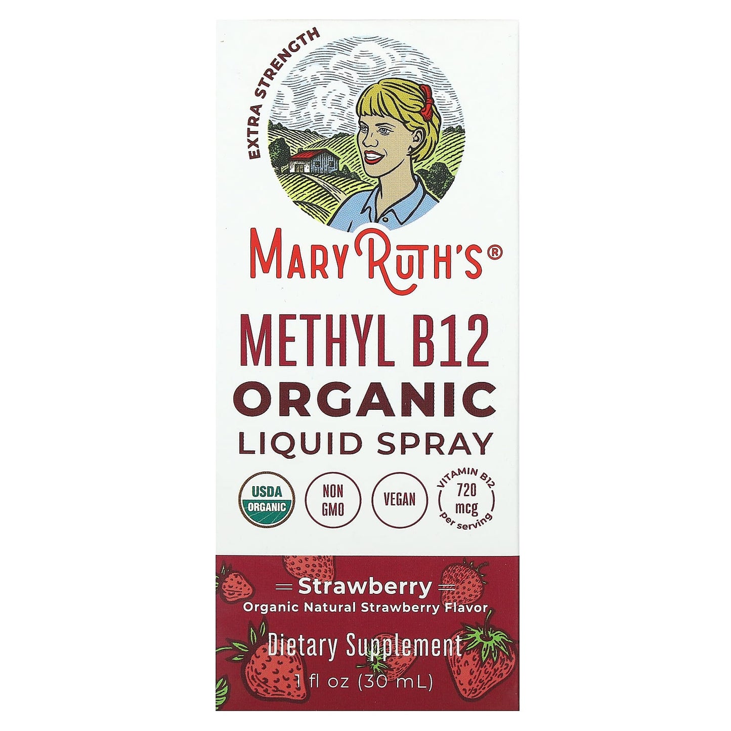 MaryRuth's, Organic Methyl B12 Liquid Spray, Extra Strength, Strawberry, 720 mcg, 1 fl oz (30 ml) - Image 1