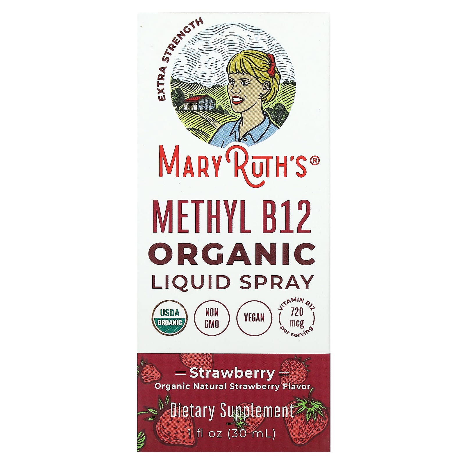 MaryRuth's, Organic Methyl B12 Liquid Spray, Extra Strength, Strawberry, 720 mcg, 1 fl oz (30 ml) - Image 1