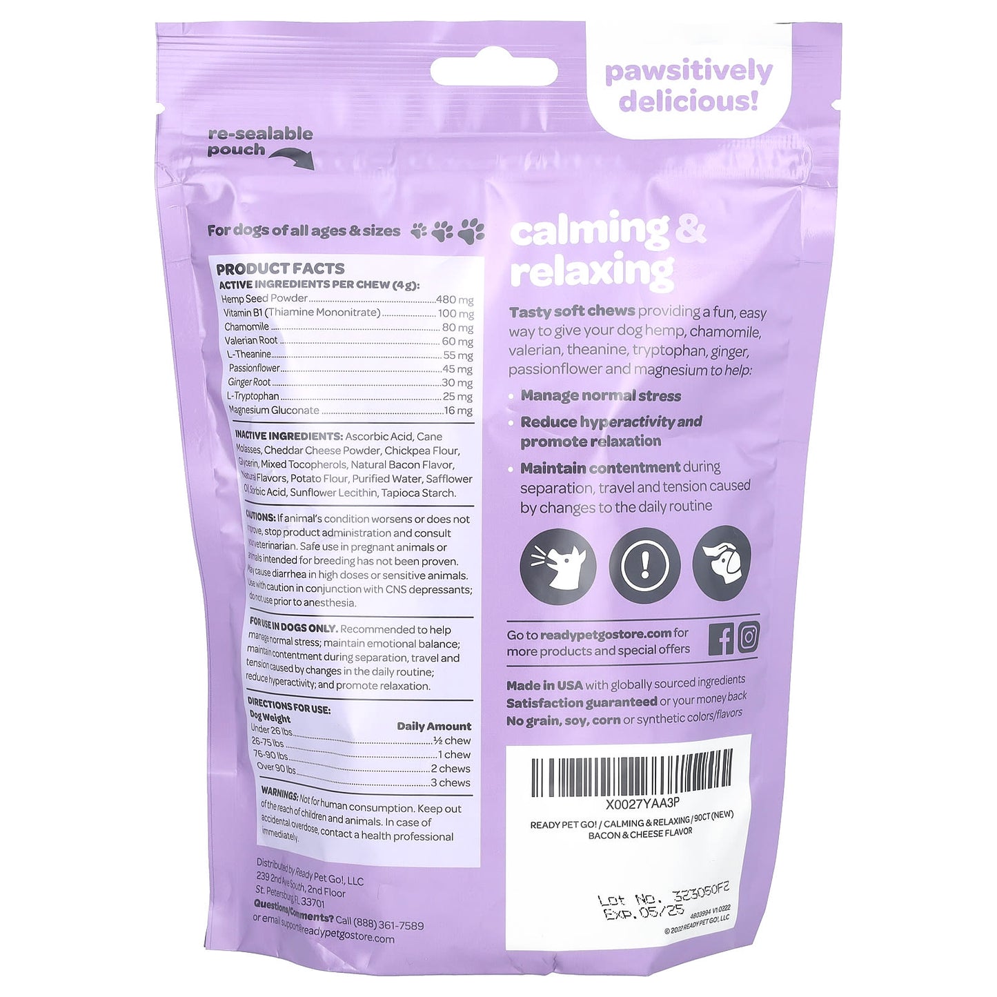 Ready Pet Go, Calming & Relaxing , For Dogs, All Ages, Bacon & Cheese, 90 Soft chews, 12.7 oz (360 g) - Image 2