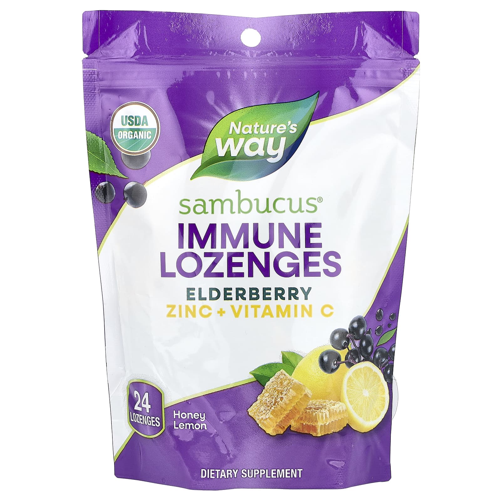 Nature's Way, Sambucus®, Immune Lozenges, Elderberry Zinc + Vitamin C, Honey Lemon, 24 Lozenges - Image 1