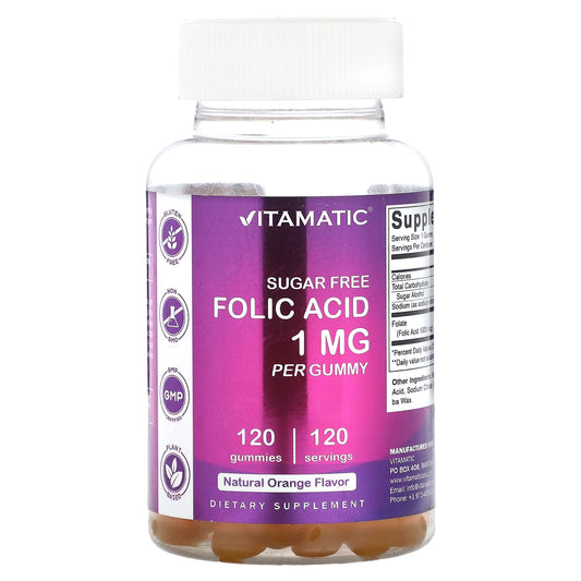 Vitamatic, Sugar Free Folic Acid, Natural Orange, 1 mg, 120 Gummies - Image 1