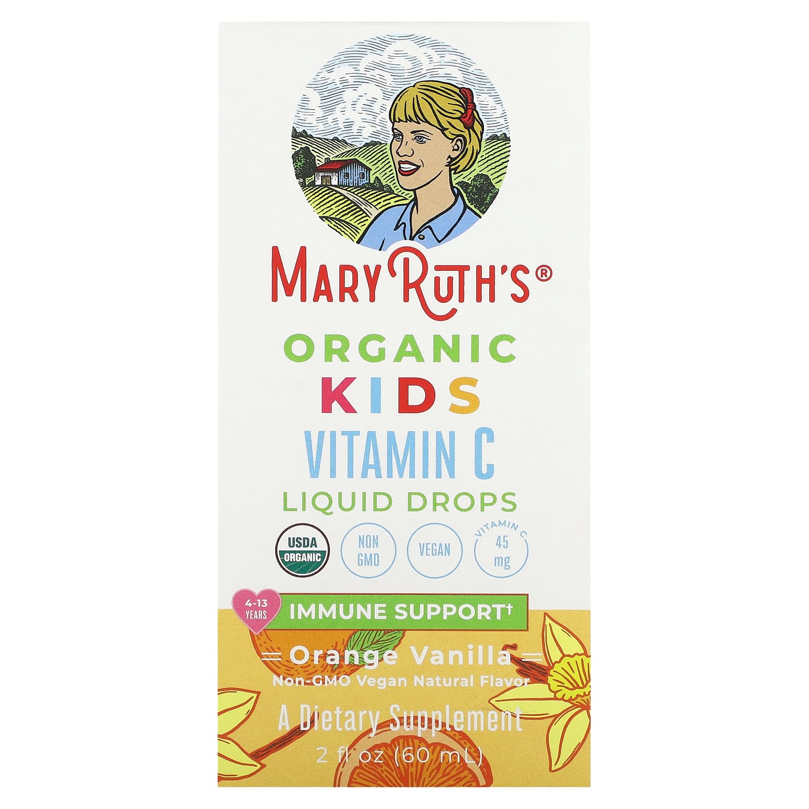 MaryRuth's, Organic Kids Vitamin C Liquid Drops, 4-13 Years, Orange Vanilla, 45 mg, 2 fl oz (60 ml) - Image 1