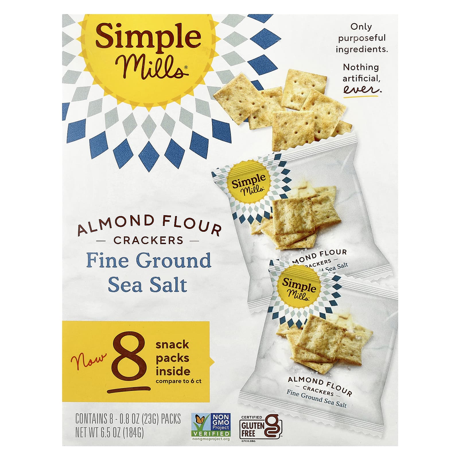 Simple Mills, Almond Flour Crackers, Fine Ground Sea Salt, 8 Packs, 0.8 oz (23 g) Each - Image 1