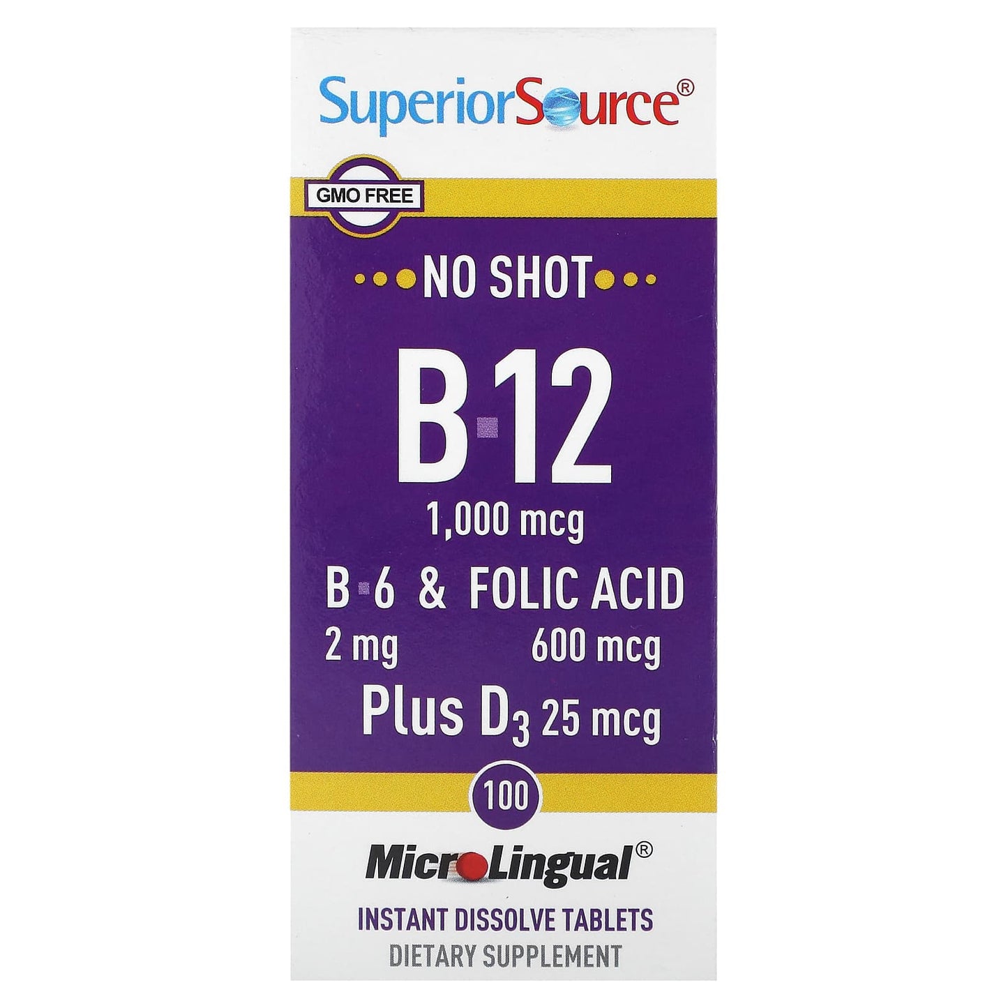 Superior Source, B-12, B-6 & Folic Acid, Plus D3, 100 MicroLingual Instant Dissolve Tablets - Image 1