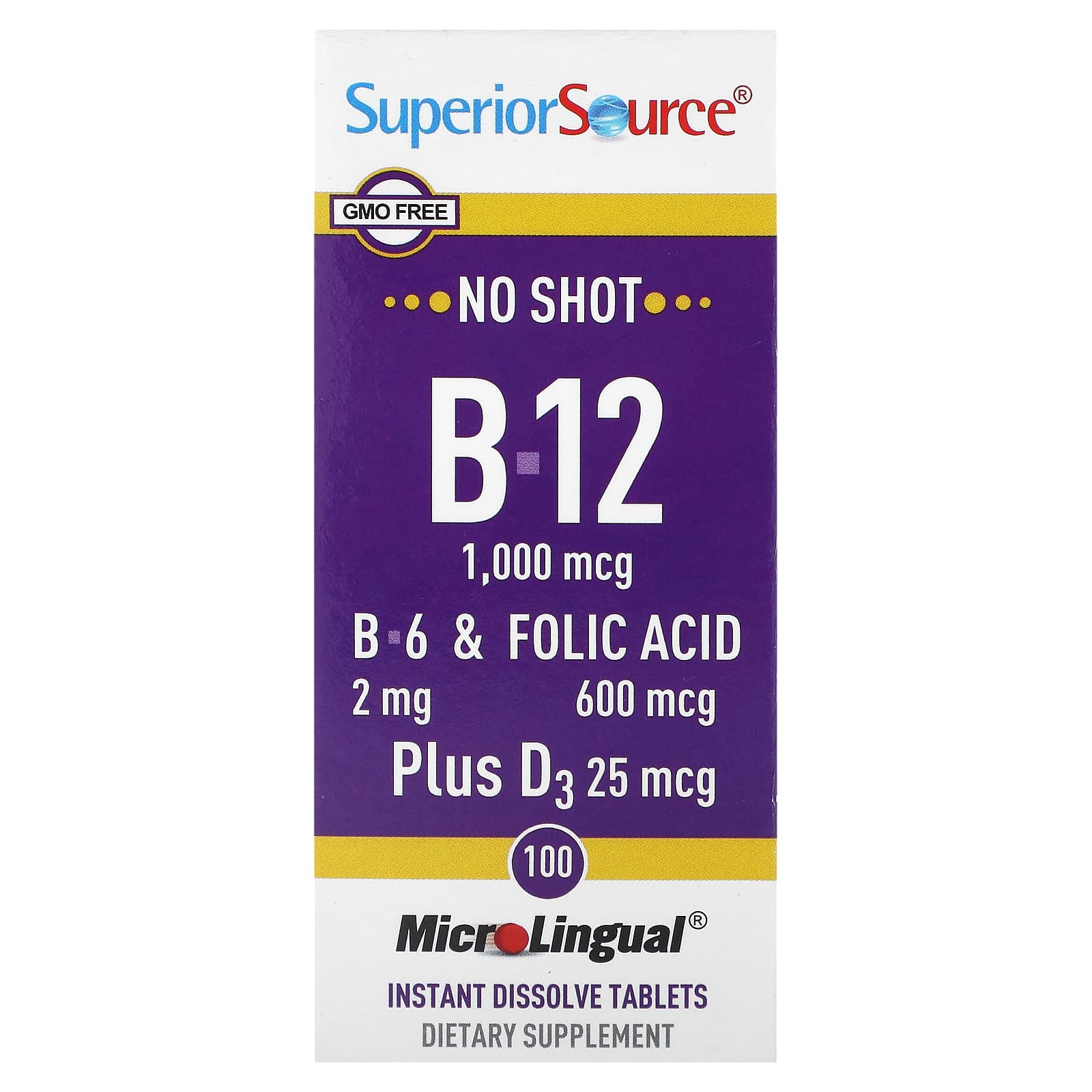 Superior Source, B-12, B-6 & Folic Acid, Plus D3, 100 MicroLingual Instant Dissolve Tablets - Image 1