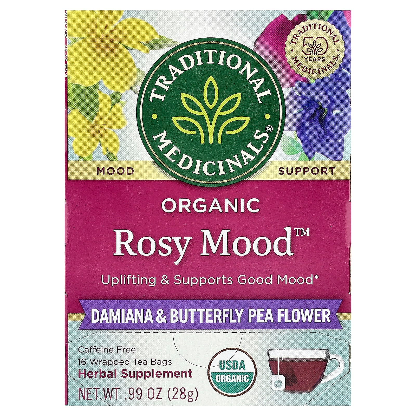 Traditional Medicinals, Organic Rosy Mood™, Damiana & Butterfly Pea Flower, Caffeine Free, 16 Wrapped Tea Bags, 0.99 oz (28 g) - Image 1