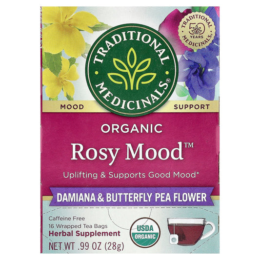 Traditional Medicinals, Organic Rosy Mood™, Damiana & Butterfly Pea Flower, Caffeine Free, 16 Wrapped Tea Bags, 0.99 oz (28 g) - Image 1