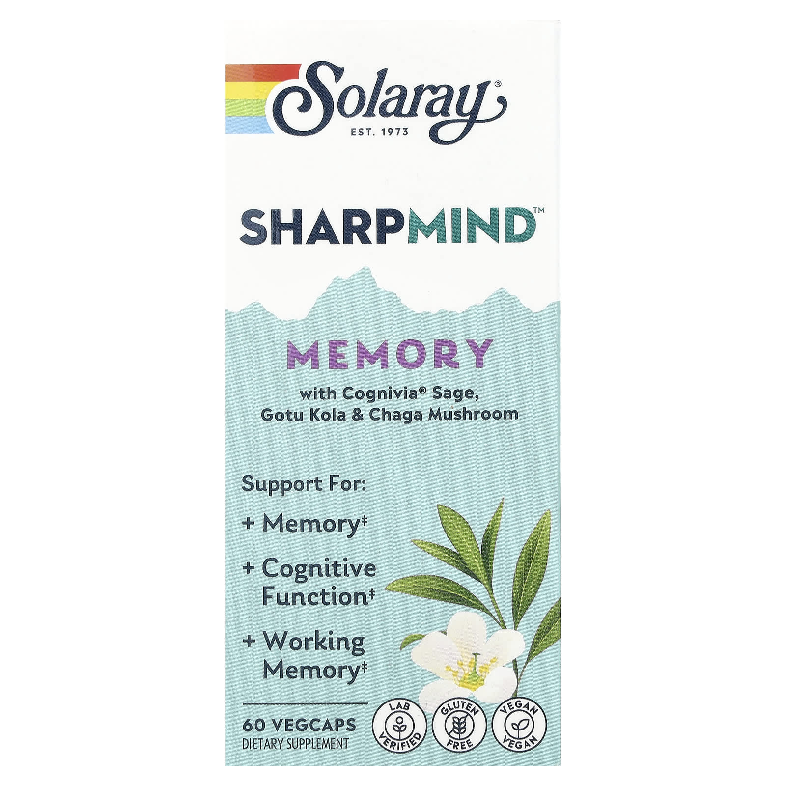 Solaray, Sharpmind™ Memory with Cognivia® Sage, Gotu Kola & Chaga Mushroom, 60 Vegcaps - Image 1