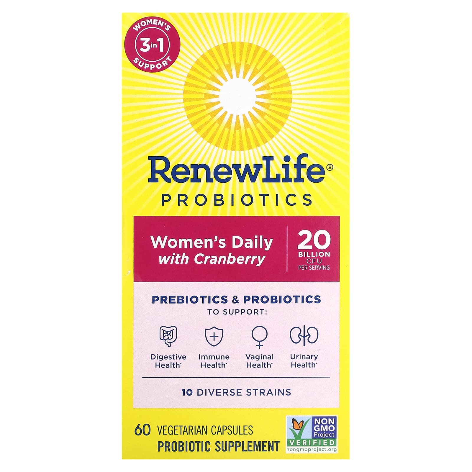 Renew Life, Probiotics, Women's Daily with Cranberry, 20 Billion CFU, 60 Vegetarian Capsules - Image 1