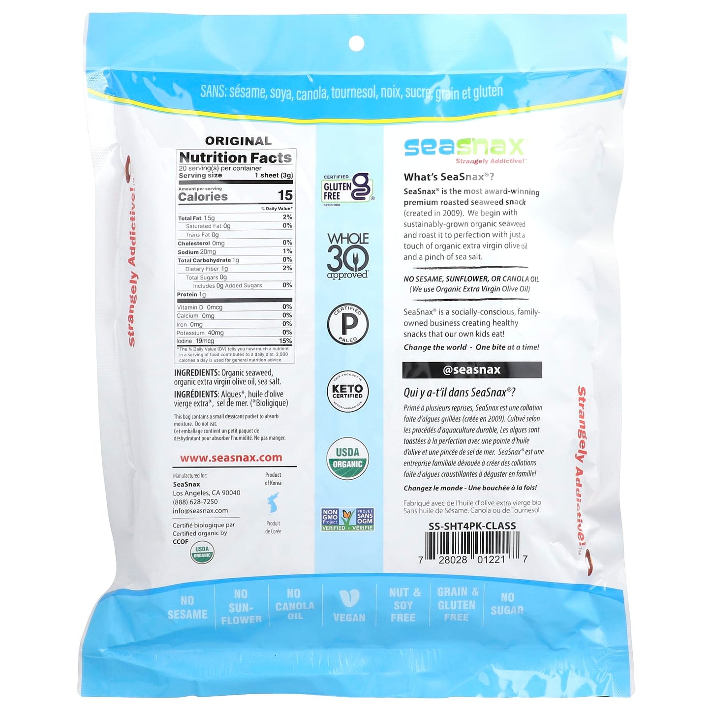 SeaSnax, Organic Roasted Seaweed Wrapz™, Olive Oil & Sea Salt, 20 Large Sheets, 2.16 oz (60 g) - Image 2