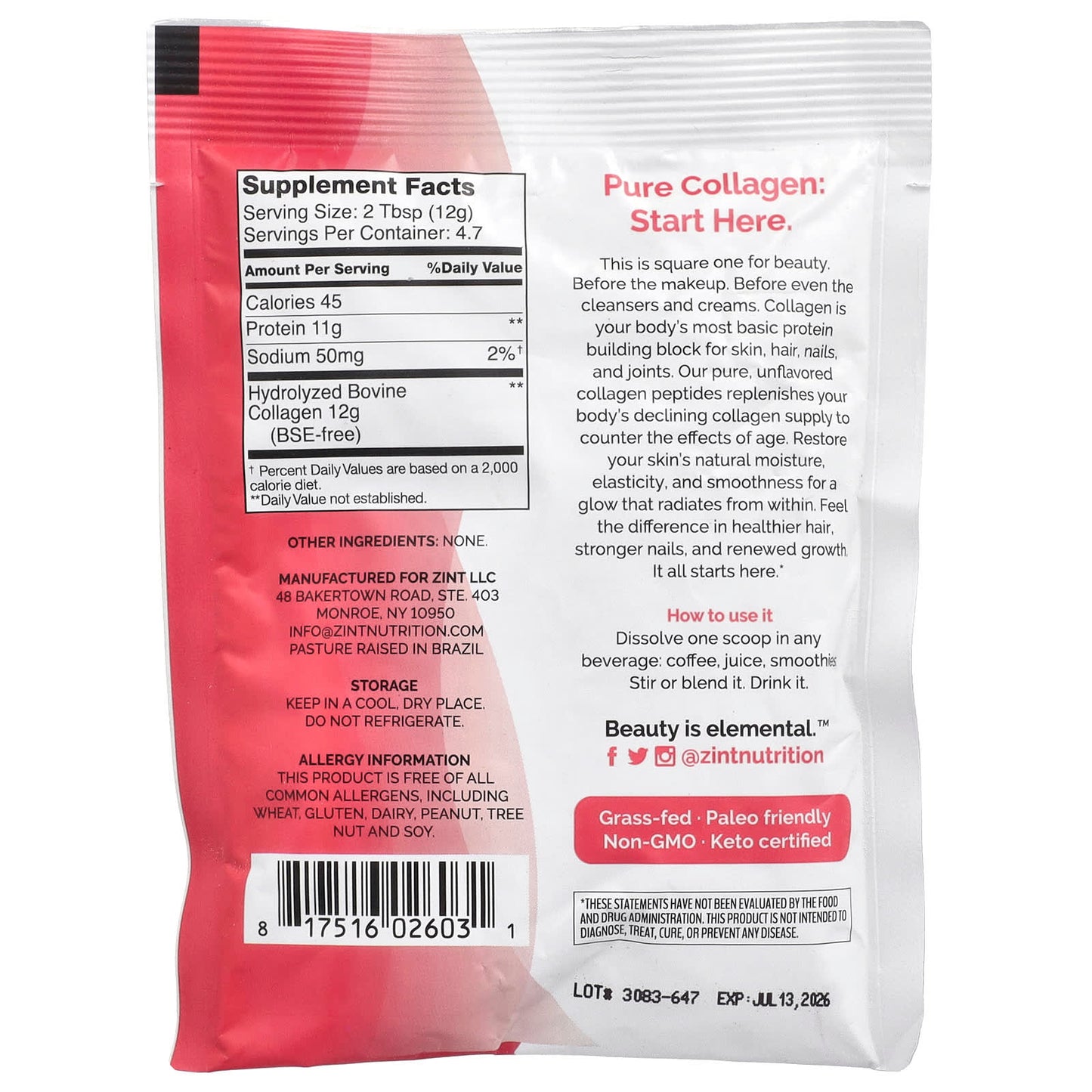 Zint, Pure Grass-Fed Collagen Peptides, Unflavored, 2 oz (56.6 g) - Image 2