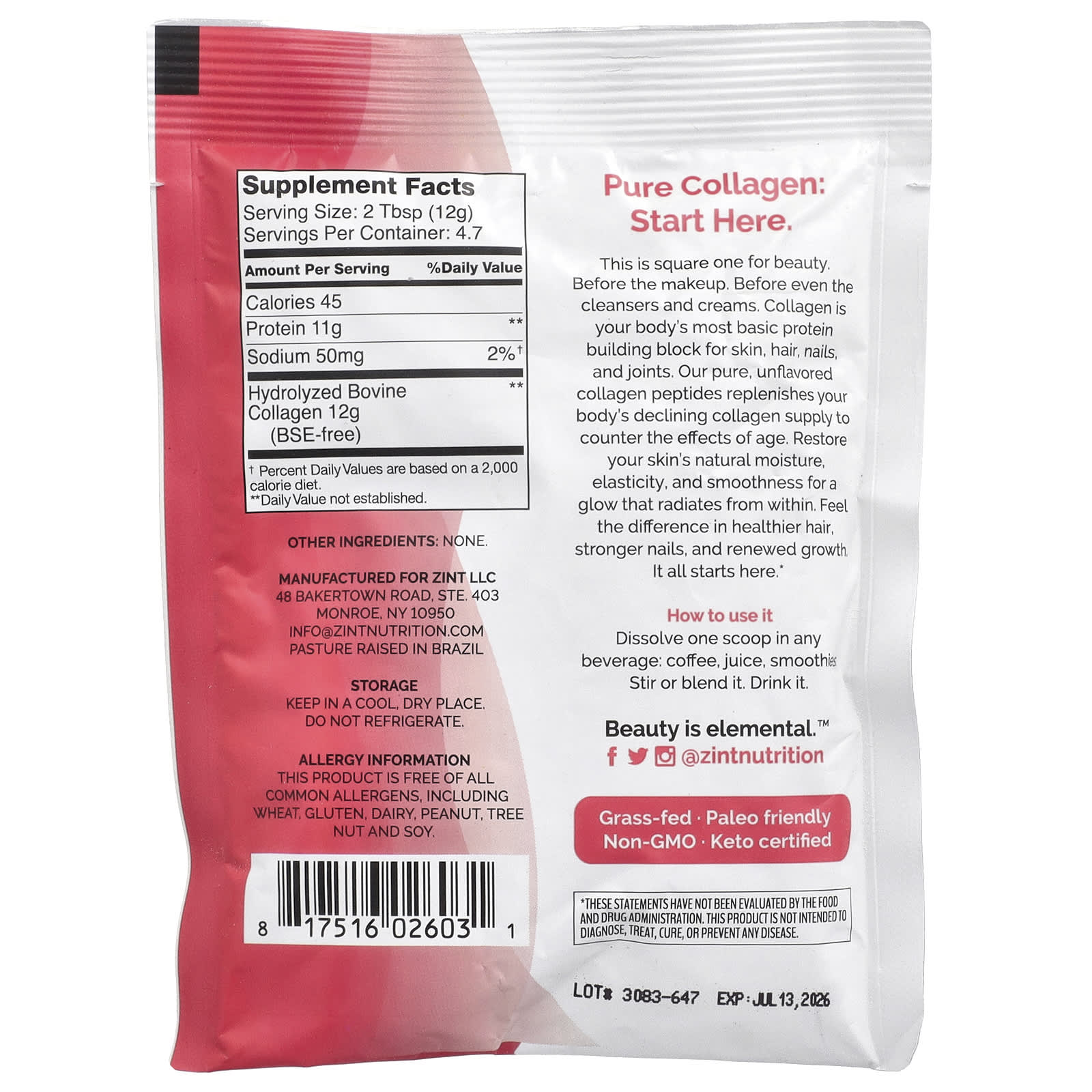 Zint, Pure Grass-Fed Collagen Peptides, Unflavored, 2 oz (56.6 g) - Image 2
