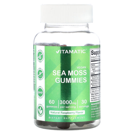 Vitamatic, Vegan Sea Moss Gummies, Natural Raspberry, 60 Gummies - Image 1