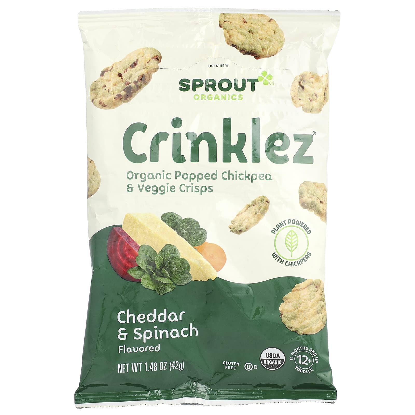 Sprout Organics, Crinklez®, Organic Popped Chickpea & Veggie Crisps, 12 Months & Up, Cheddar & Spinach, 1.48 oz (42 g) - Image 1