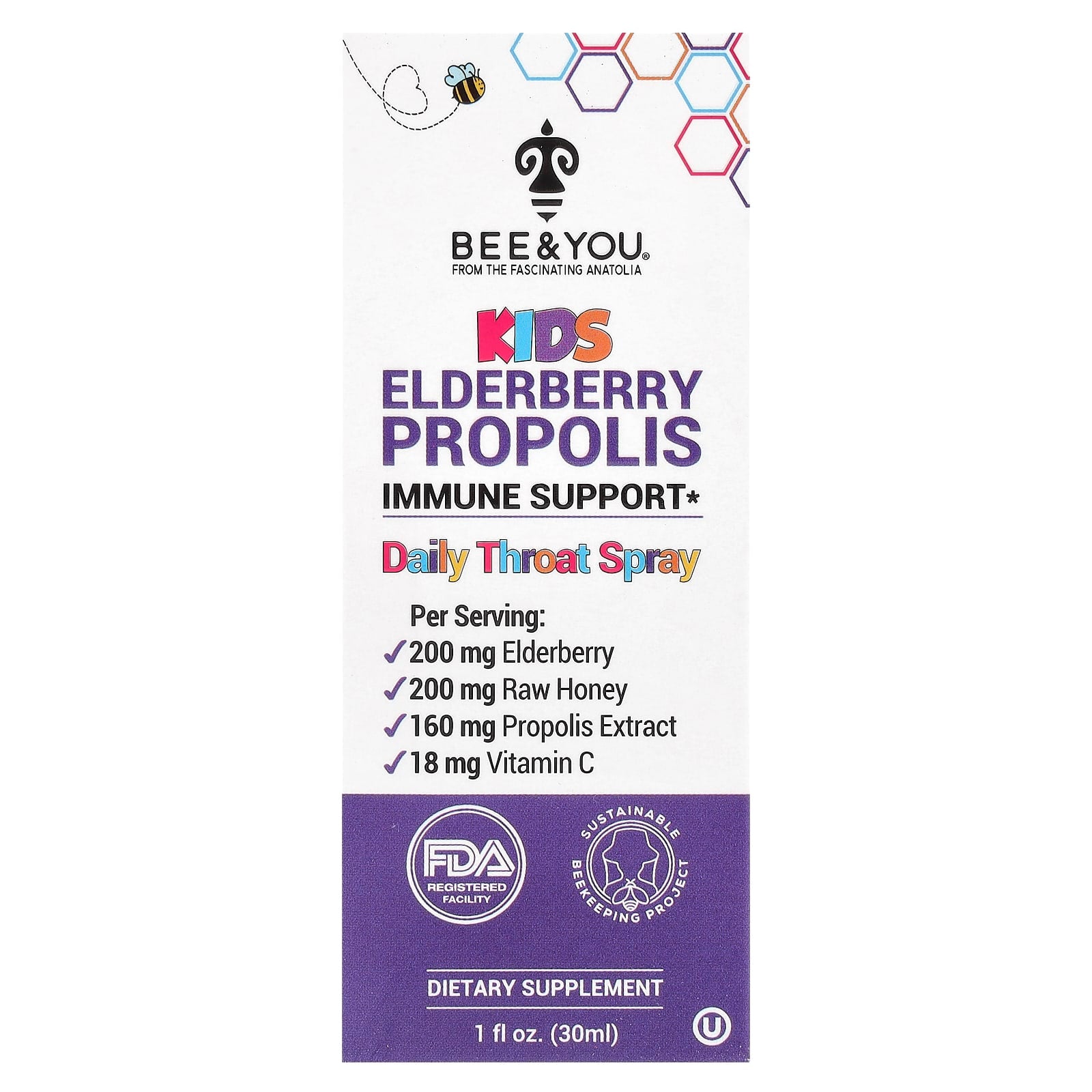 Bee & You Kids Elderberry Propolis Throat Spray for Immune Support - Image 1