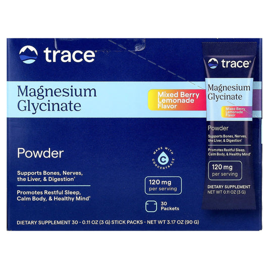 Trace, Magnesium Glycinate Powder, Mixed Berry Lemonade, 30 Stick Packs, 0.11 oz (3 g) Each - Image 1
