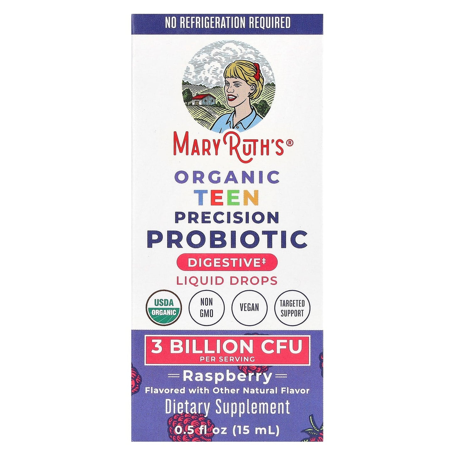 MaryRuth's, Organic Teen Precision Probiotic, Liquid Drops, Raspberry, 3 Billion CFU, 0.5 fl oz (15 ml) - Image 1