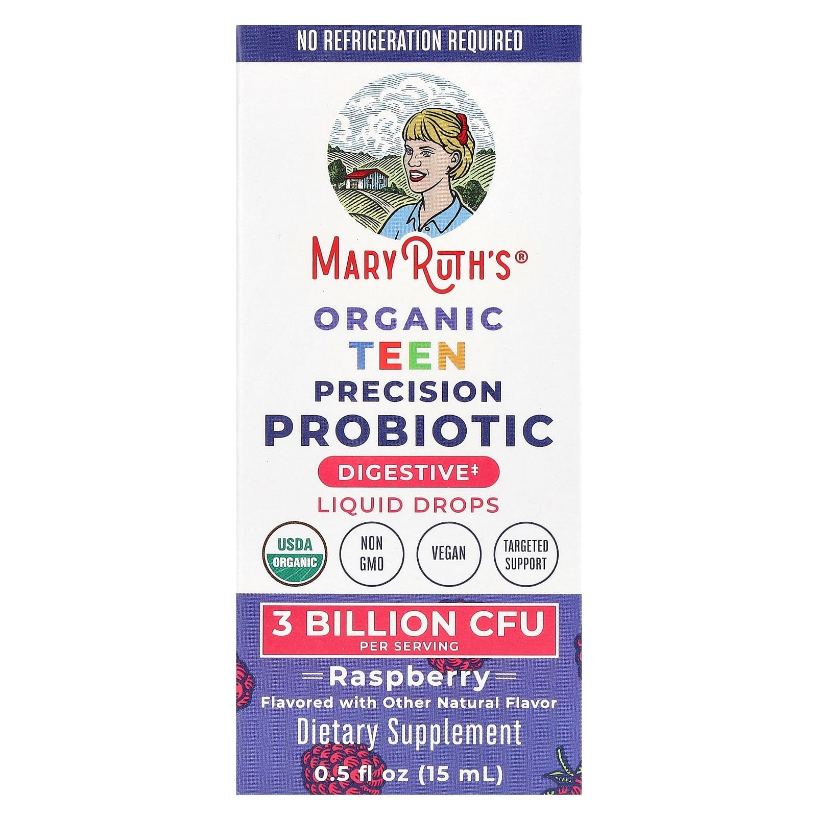 MaryRuth's, Organic Teen Precision Probiotic, Liquid Drops, Raspberry, 3 Billion CFU, 0.5 fl oz (15 ml) - Image 1