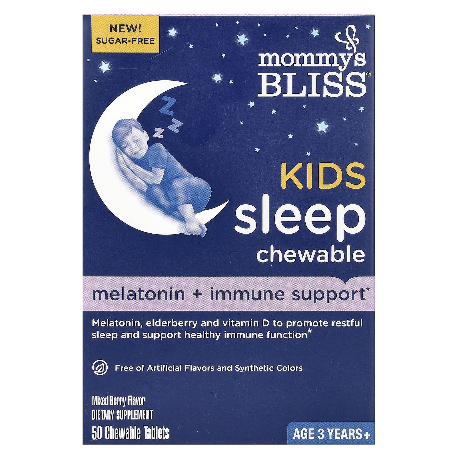 Mommy's Bliss, Kids Sleep Chewable,  Melatonin + Immune Support, Age 3 Years+, Mixed Berry, 50 Chewable Tablets - Image 1