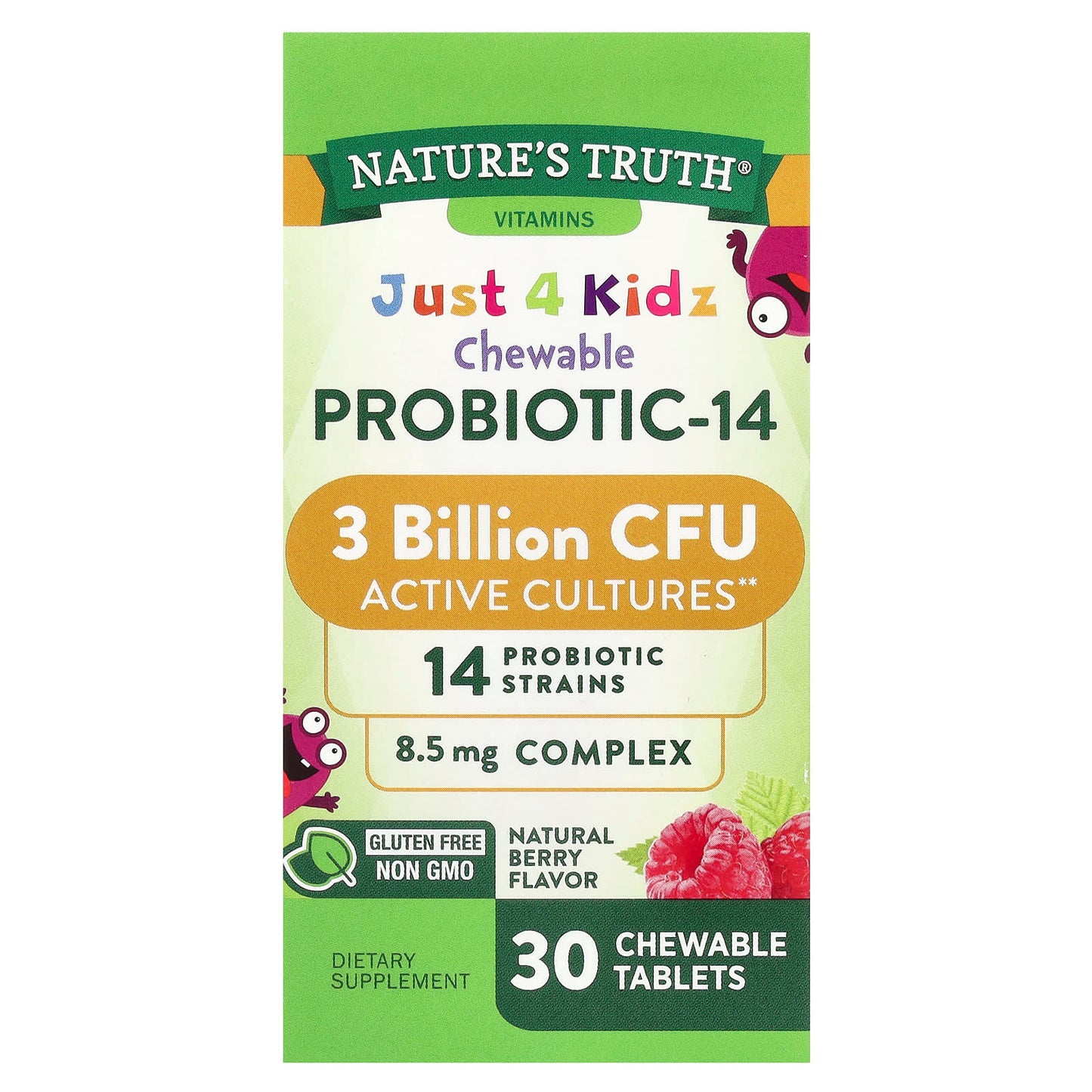Nature's Truth, Just 4 Kidz, Chewable Probiotic-14, Natural Berry , 3 Billion CFU , 30 Chewable Tablets - Image 1