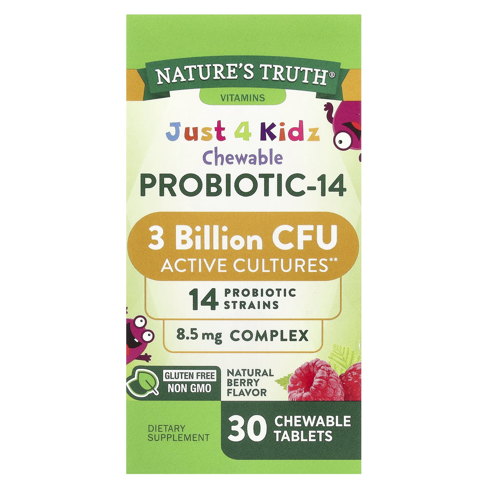 Nature's Truth, Just 4 Kidz, Chewable Probiotic-14, Natural Berry , 3 Billion CFU , 30 Chewable Tablets - Image 1