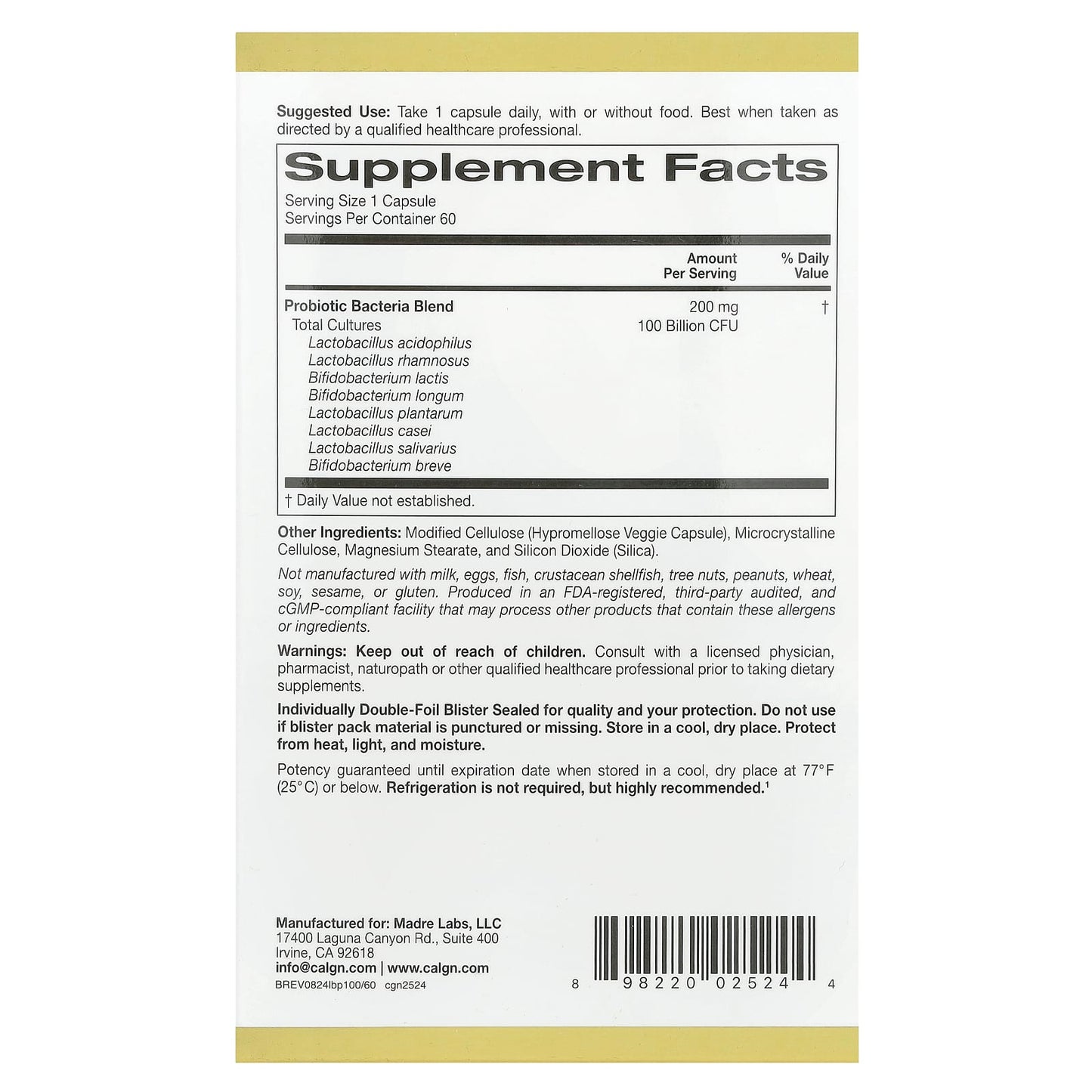 California Gold Nutrition LactoBif 100 Probiotics 60 Veggie Capsules - Image 2