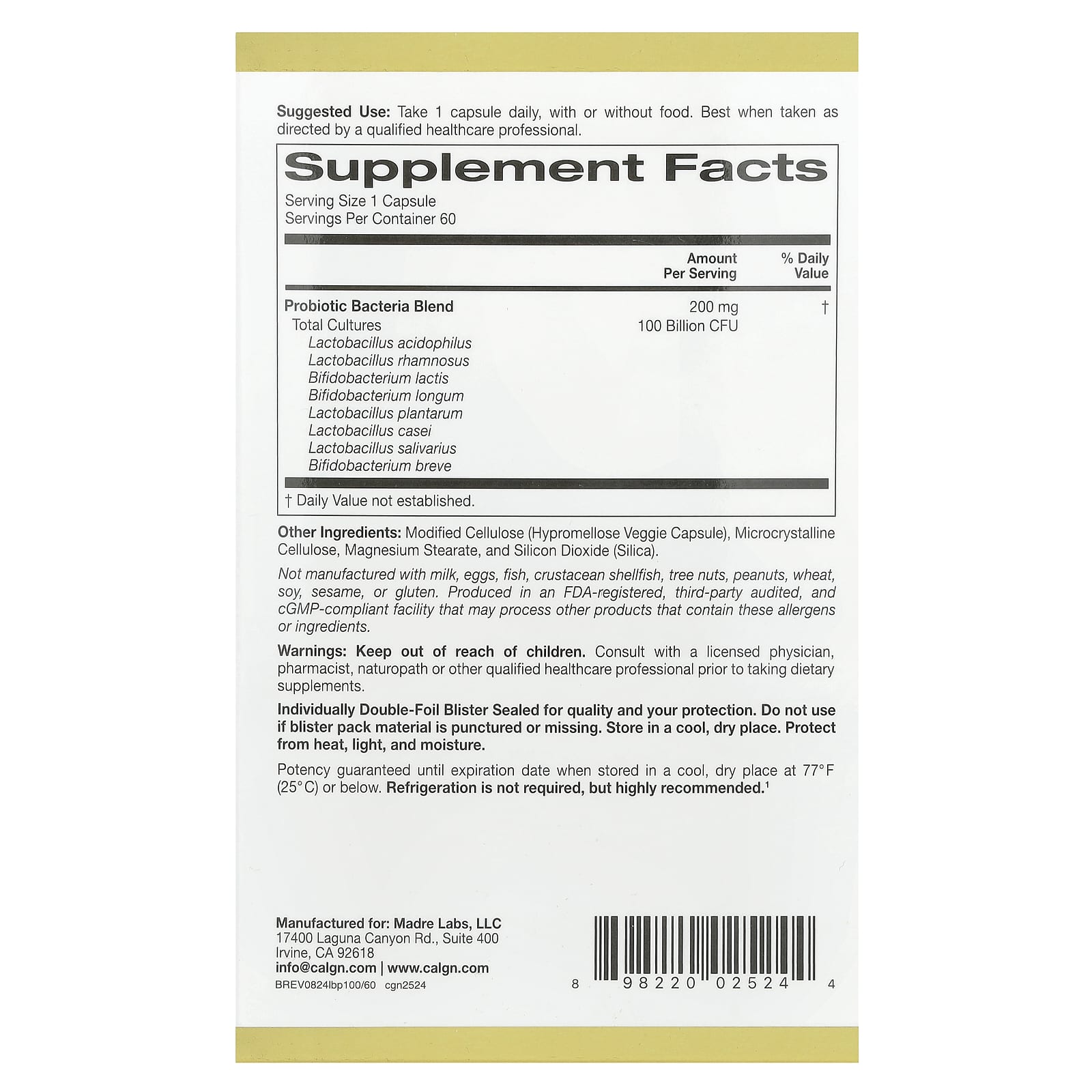 California Gold Nutrition LactoBif 100 Probiotics 60 Veggie Capsules - Image 2