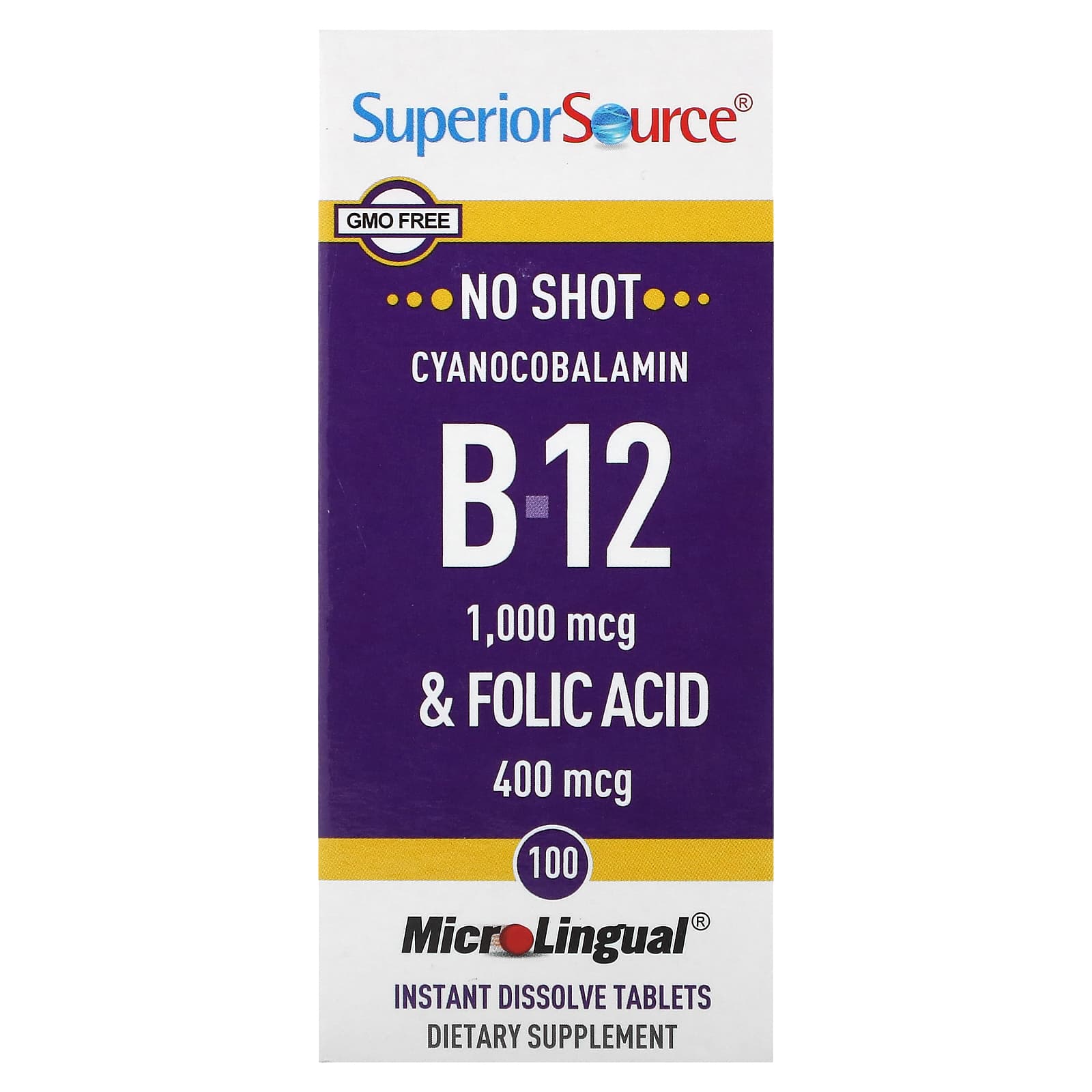 Superior Source, Cyanocobalamin B-12 & Folic Acid, 100 MicroLingual Instant Dissolve Tablets - Image 1