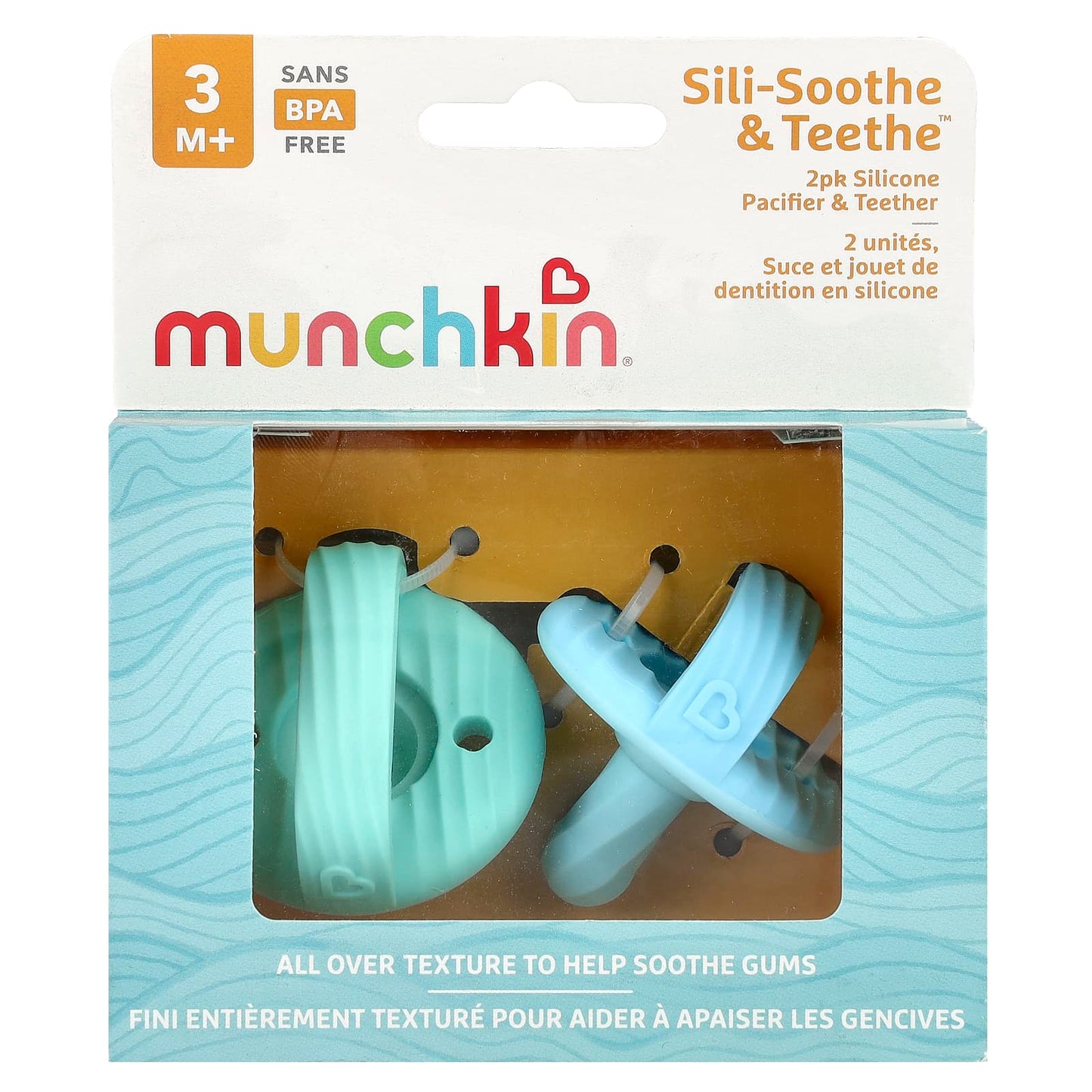 Munchkin, Sili-Soothe & Teethe™, Silicone Pacifier & Teether, 3 Months+, Light Blue & Light Green, 2 Count - Image 1