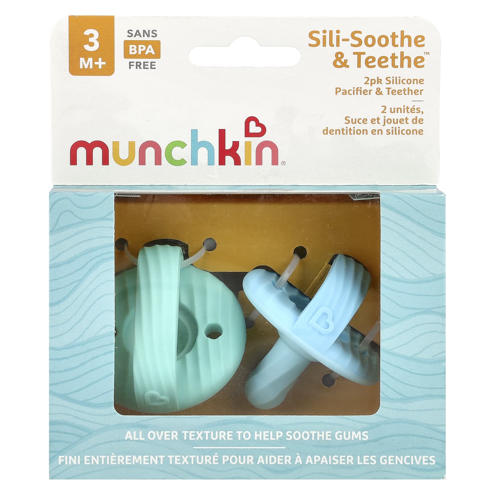 Munchkin, Sili-Soothe & Teethe™, Silicone Pacifier & Teether, 3 Months+, Light Blue & Light Green, 2 Count - Image 1