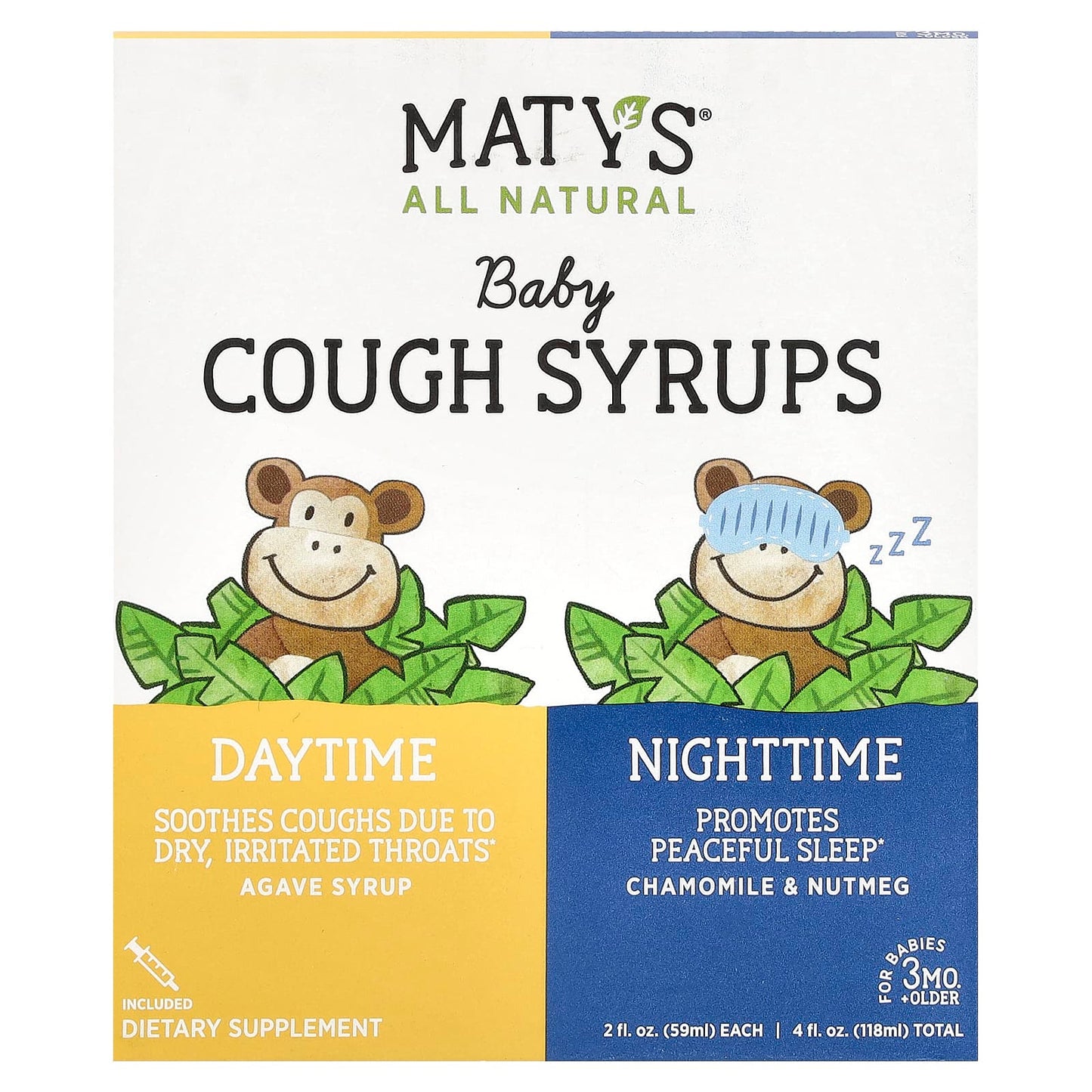 Maty's, Baby Cough Syrups, Daytime & Nighttime, 3 Months+, Alcohol Free, 2 Bottles, 2 fl oz (59 ml) Each - Image 1