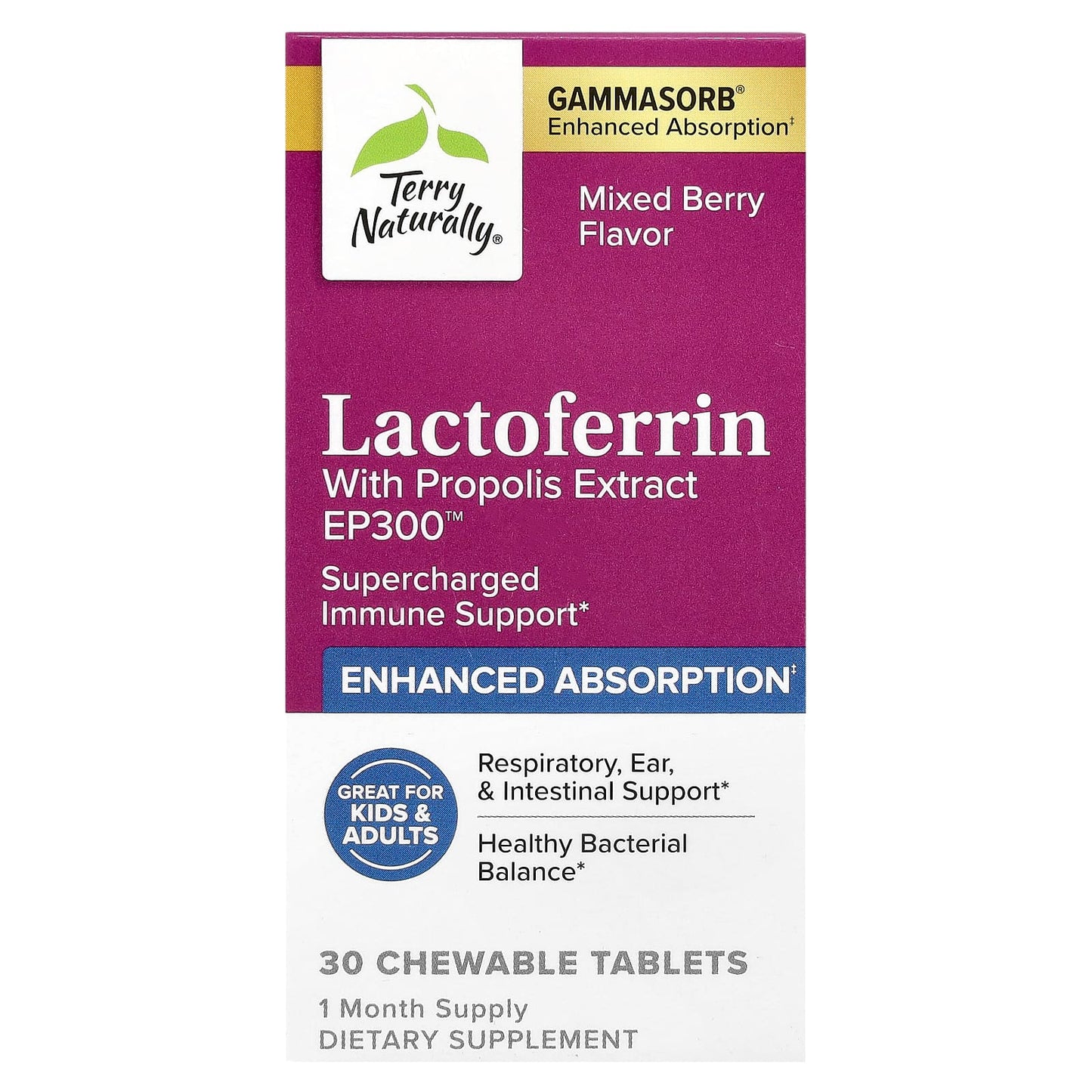 Terry Naturally, Lactoferrin With Propolis Extract, Mixed Berry, 30 Chewable Tablets - Image 1
