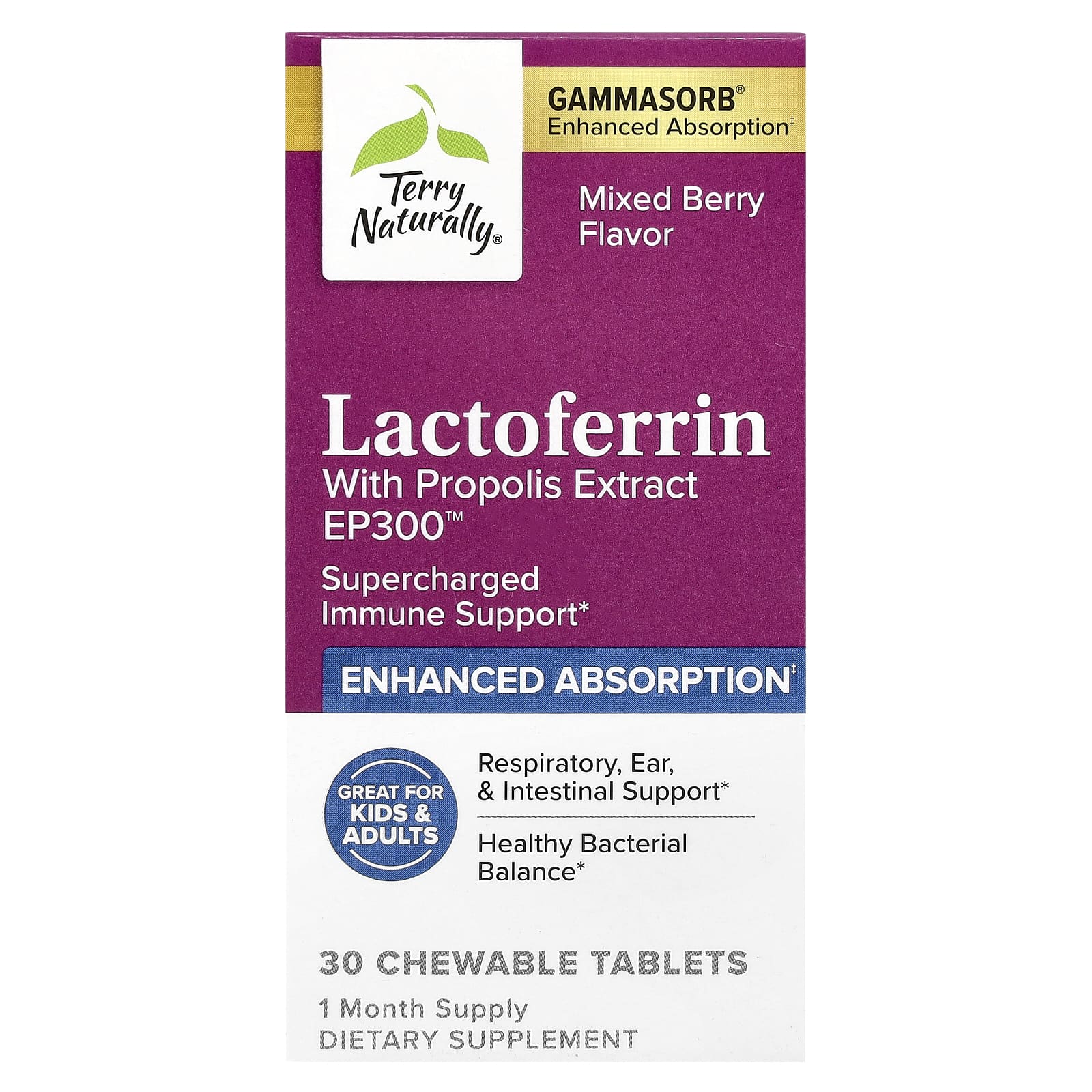 Terry Naturally, Lactoferrin With Propolis Extract, Mixed Berry, 30 Chewable Tablets - Image 1