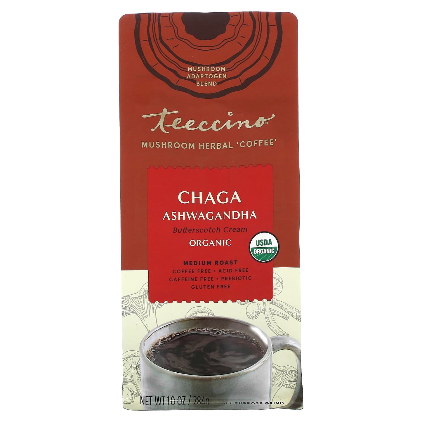 Teeccino, Mushroom Herbal Coffee, Chaga Ashwagandha, Medium Roast, Caffeine Free, 10 oz (284 g) - Image 1