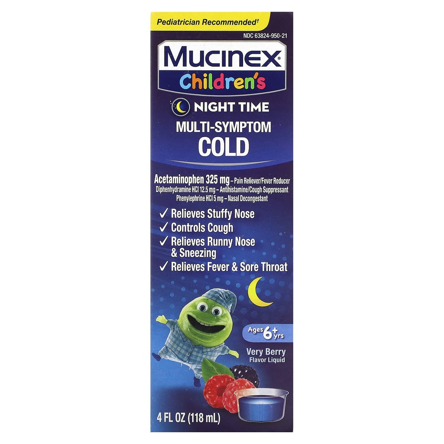Mucinex, Children's, Multi-Symptom Cold, Night Time, Ages 6+ Yrs, Very Berry, 4 fl oz (118 ml)