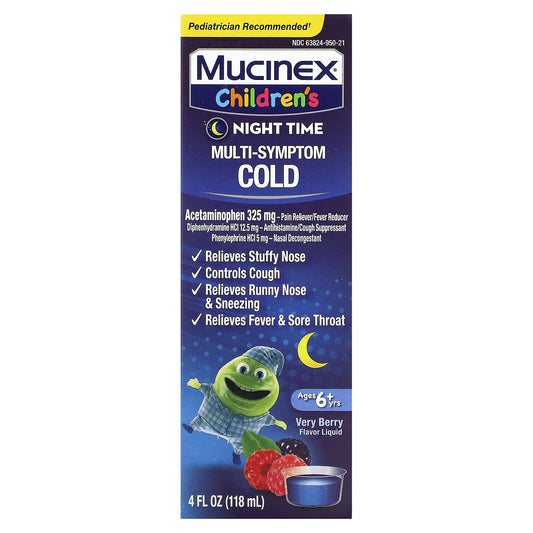 Mucinex, Children's, Multi-Symptom Cold, Night Time, Ages 6+ Yrs, Very Berry, 4 fl oz (118 ml)