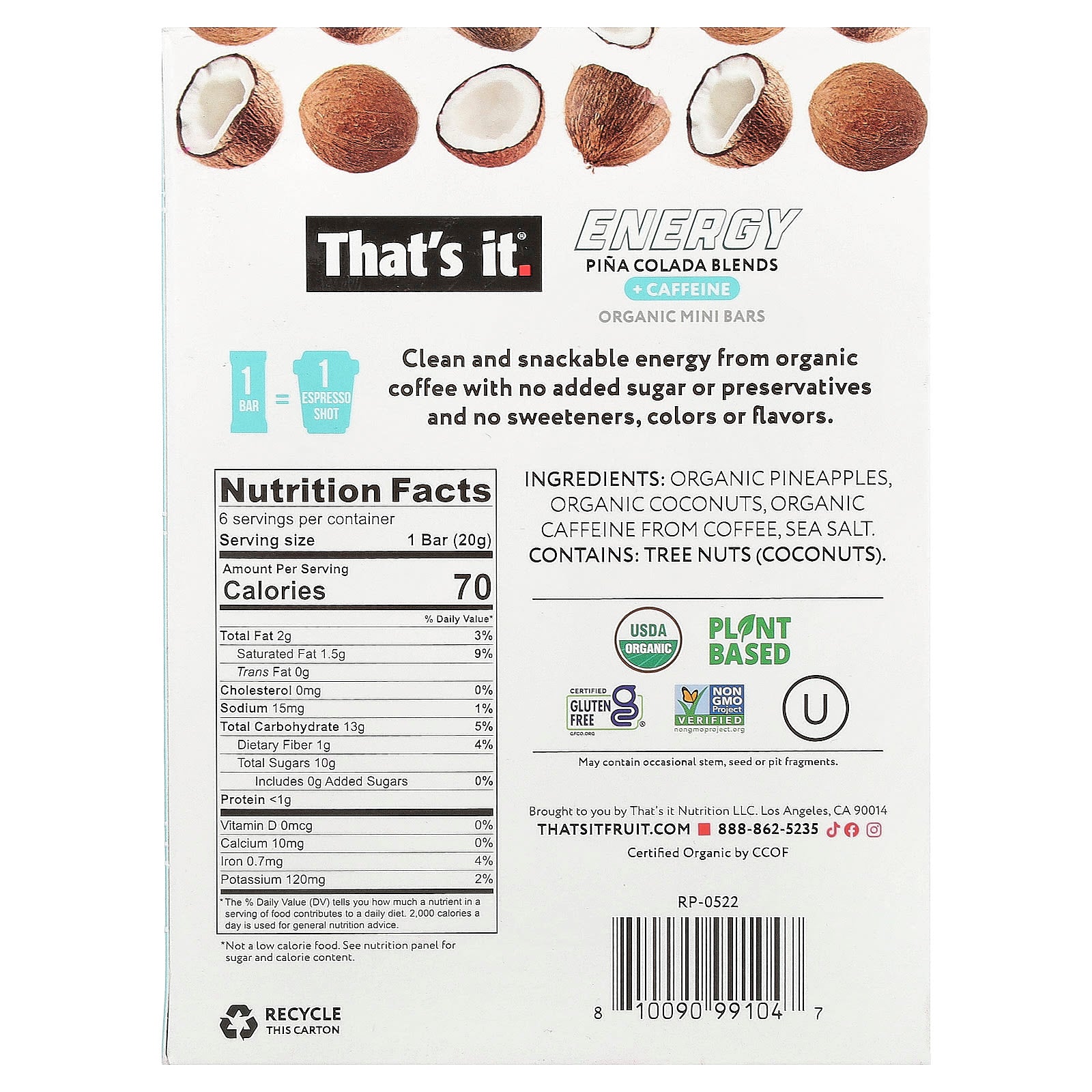 That's It, Energy, Organic Mini Bars, Pina Colada Blends, 6 Mini Bars, 0.7 oz (20 g) Each - Image 2