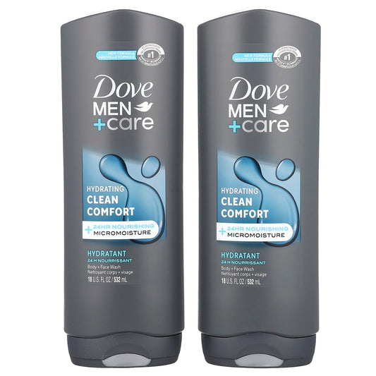 Dove Men+Care Clean Comfort Body & Face Wash, 2 Pack, 18 fl oz Each - Image 1