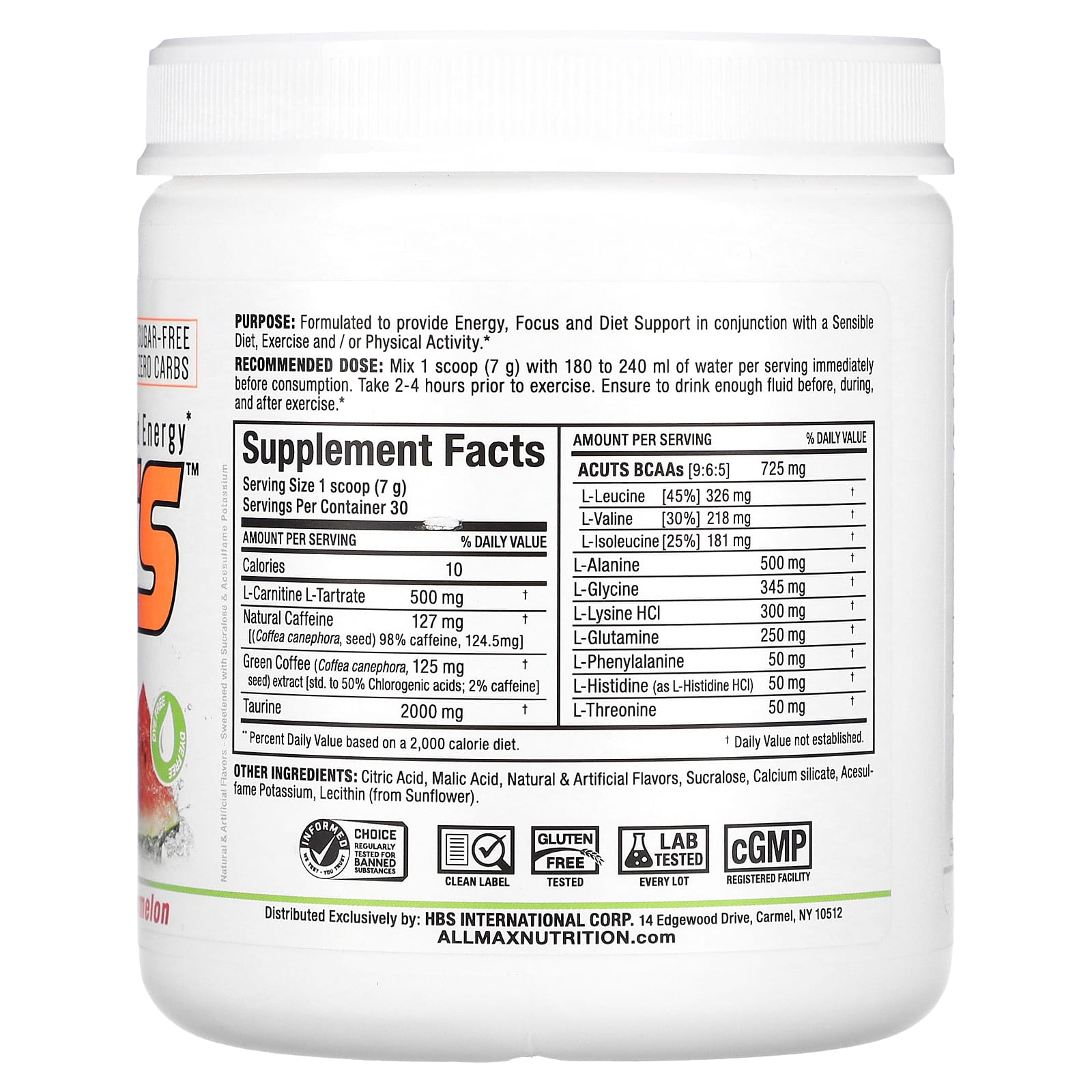 ALLMAX ACUTS Amino-Charged Energy Drink Mix, Watermelon, 7.4 oz (210 g) - Image 2