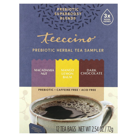 Teeccino, Prebiotic Herbal Tea Sampler, 3 Flavors, Caffeine Free, 12 Tea Bags, 2.54 oz (72 g) - Image 1