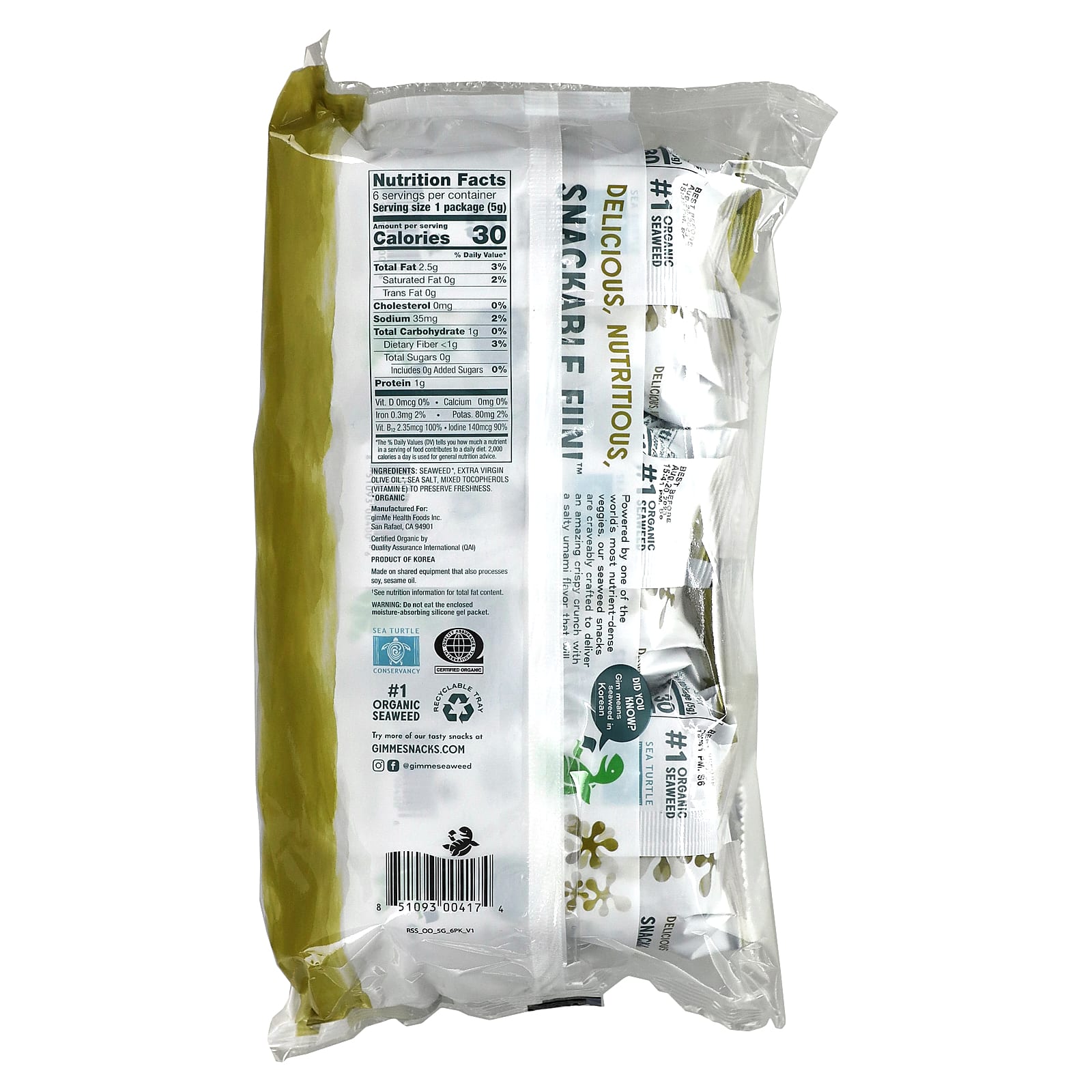 Organic GimMe Seaweed Snacks, 6-Pack, Vegan & Gluten-Free - Image 2