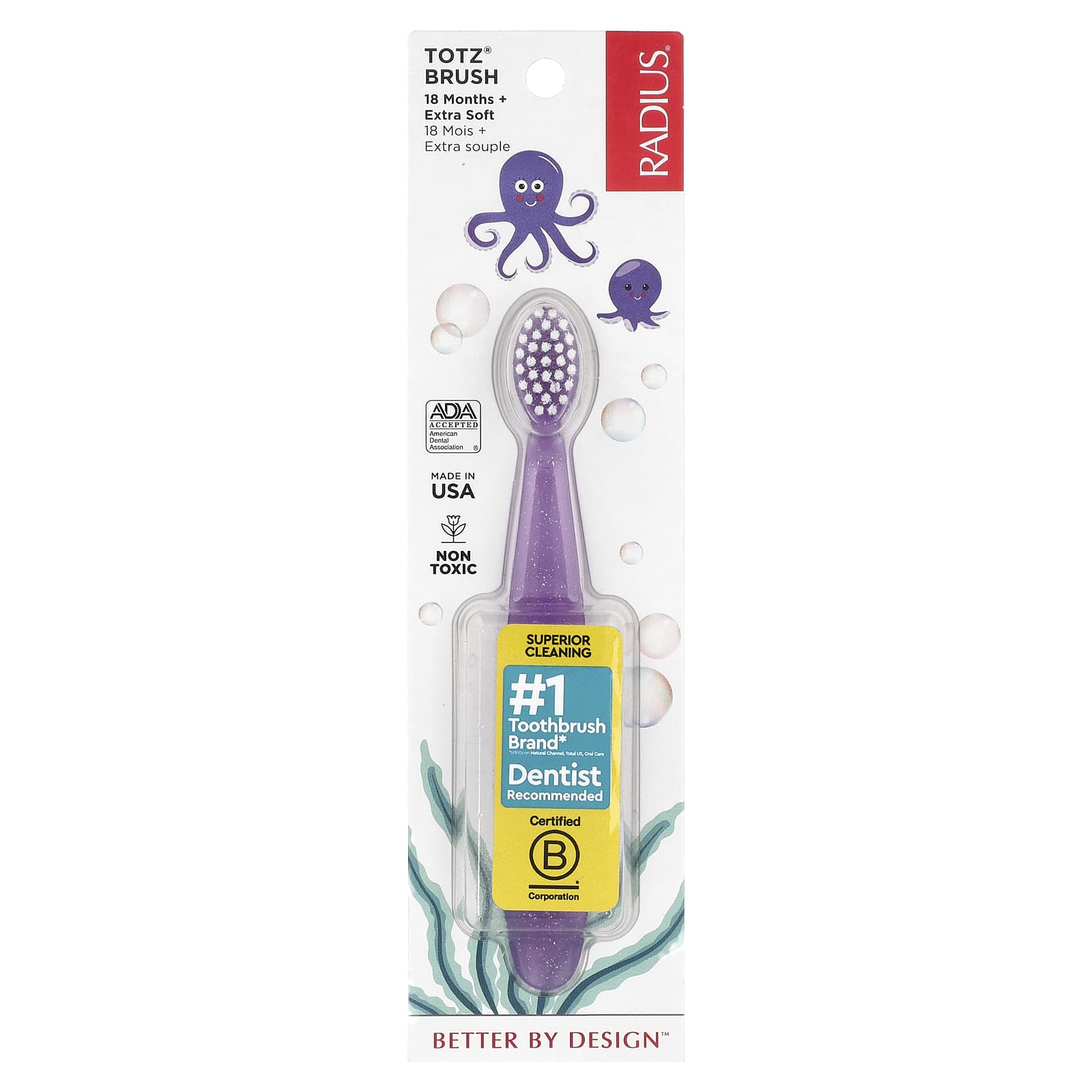 RADIUS, Totz® Toothbrush, 18+ Months, Extra Soft, Purple Sparkle, 1 Toothbrush - Image 1