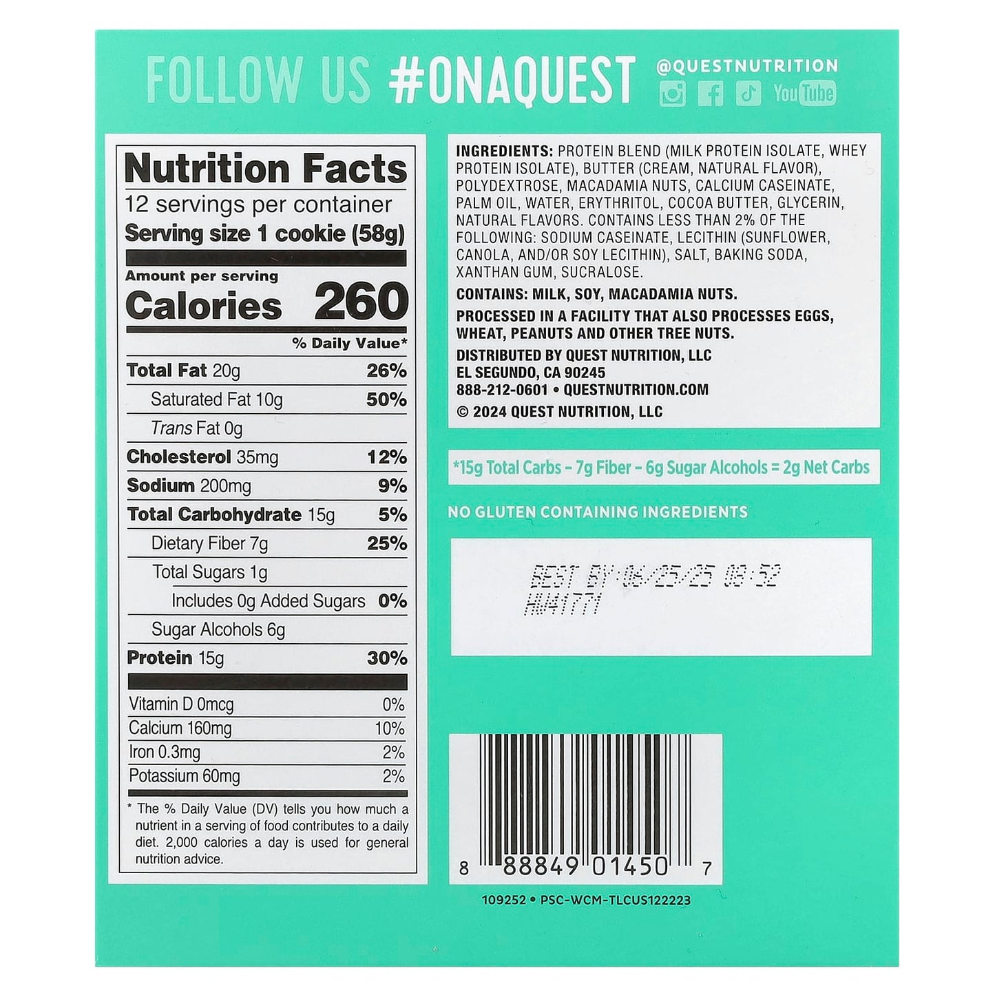 Quest Nutrition, Protein Cookie, White Chocolate Macadamia, 12 Cookies, 2.04 oz (58 g) Each - Image 2