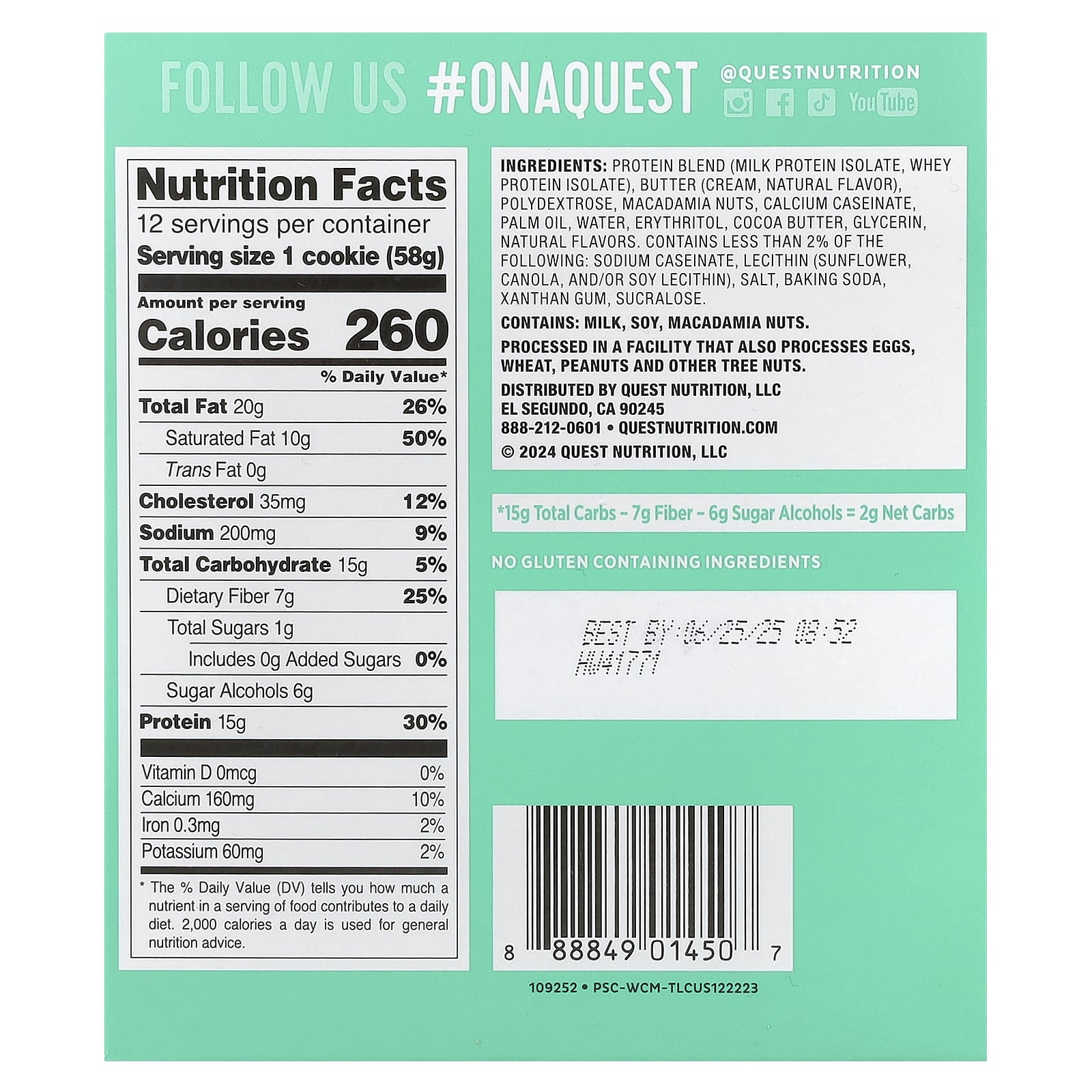 Quest Nutrition, Protein Cookie, White Chocolate Macadamia, 12 Cookies, 2.04 oz (58 g) Each - Image 2