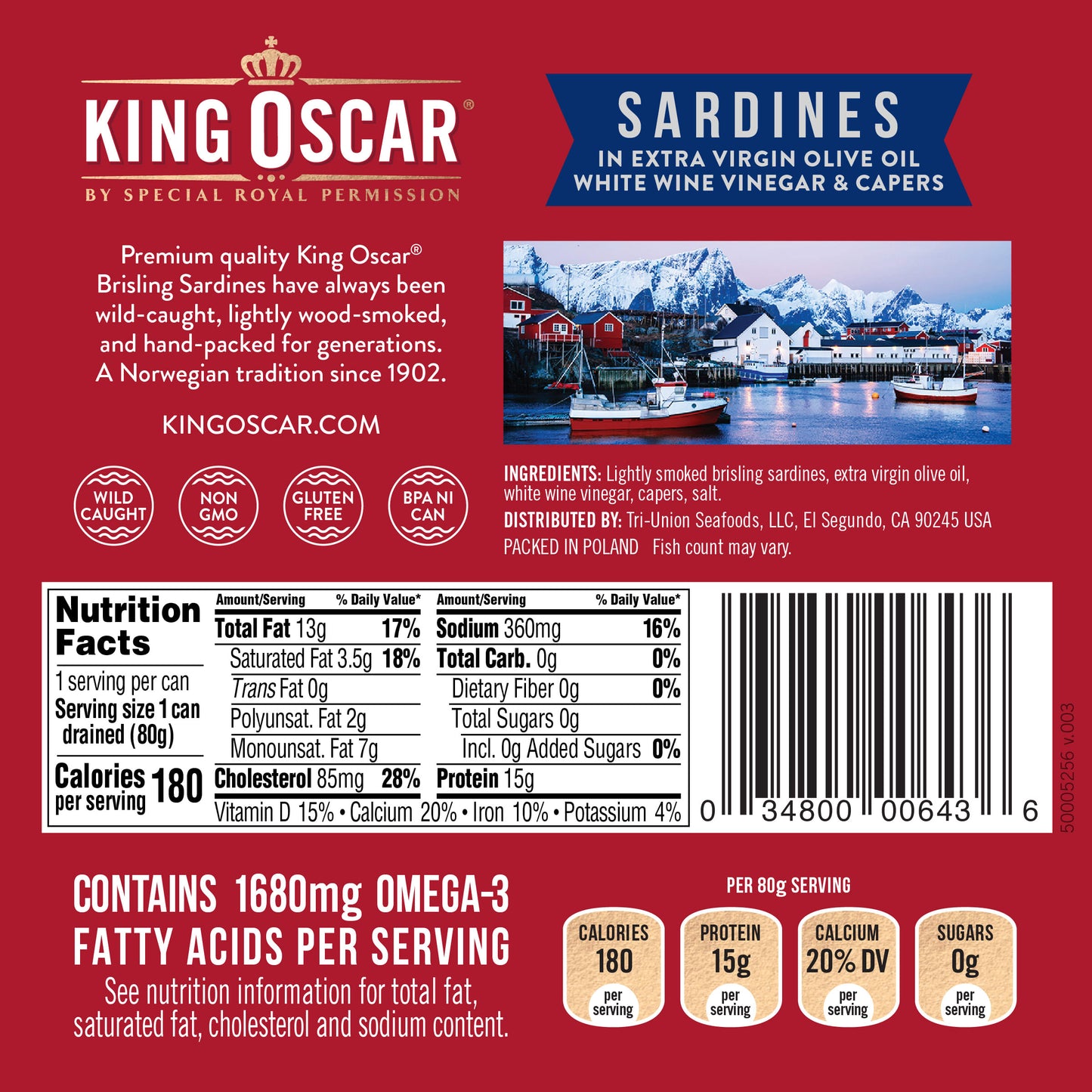 King Oscar, Wild Caught Sardines In Extra Virgin Olive Oil, White Wine Vinegar & Capers, 3.75 oz (106 g) - Image 2