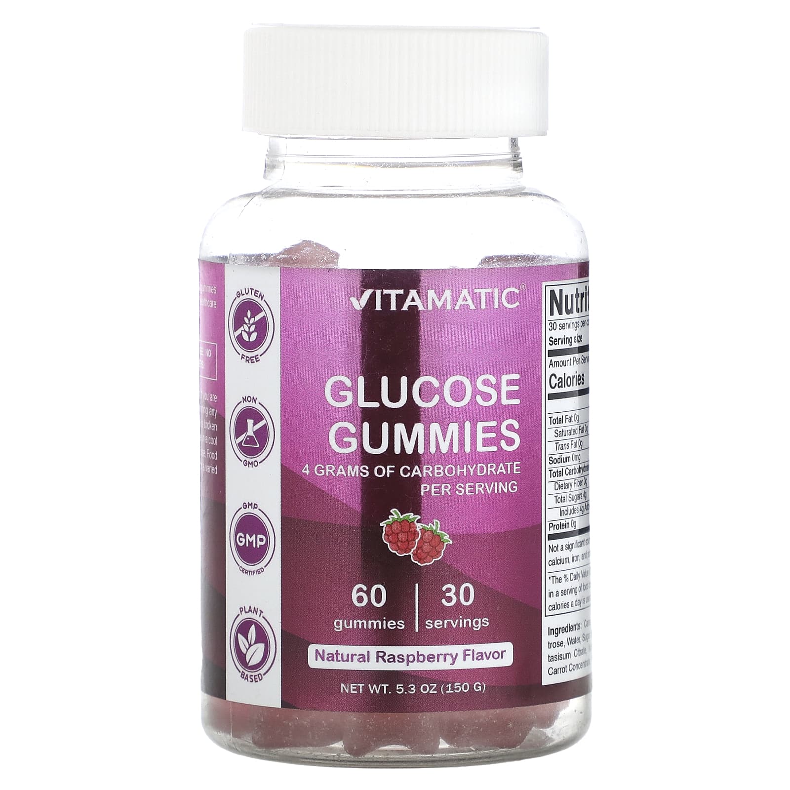 Vitamatic, Glucose Gummies, Natural Raspberry, 60 Gummies - Image 1